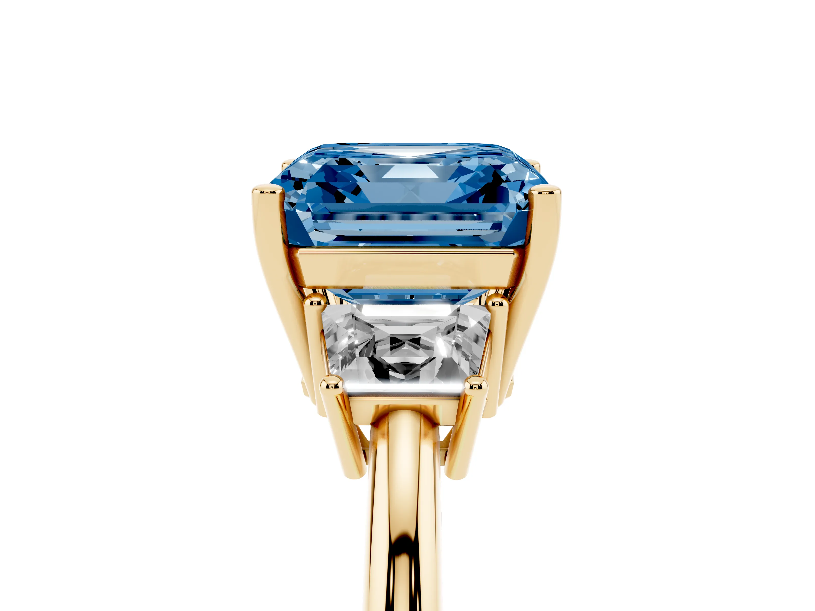Fancy Blue Asscher Cut Diamond Three-Stone Ring Set in Yellow gold with Trapezoid Side Stones and Prong Setting