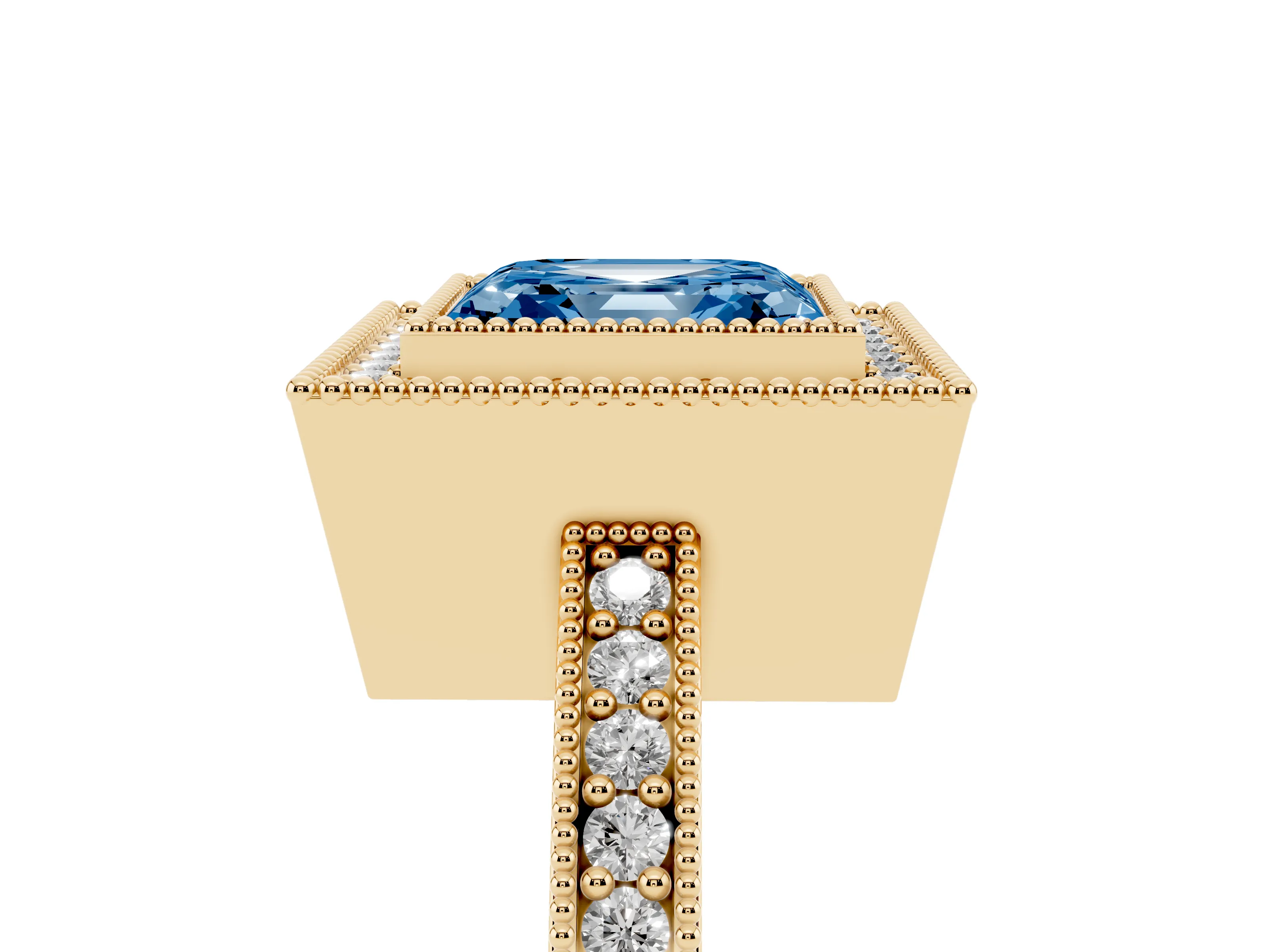 Fancy Blue Asscher Cut Diamond Halo Engagement Ring Set in Yellow gold with Pavé Band and Round Halo Stones