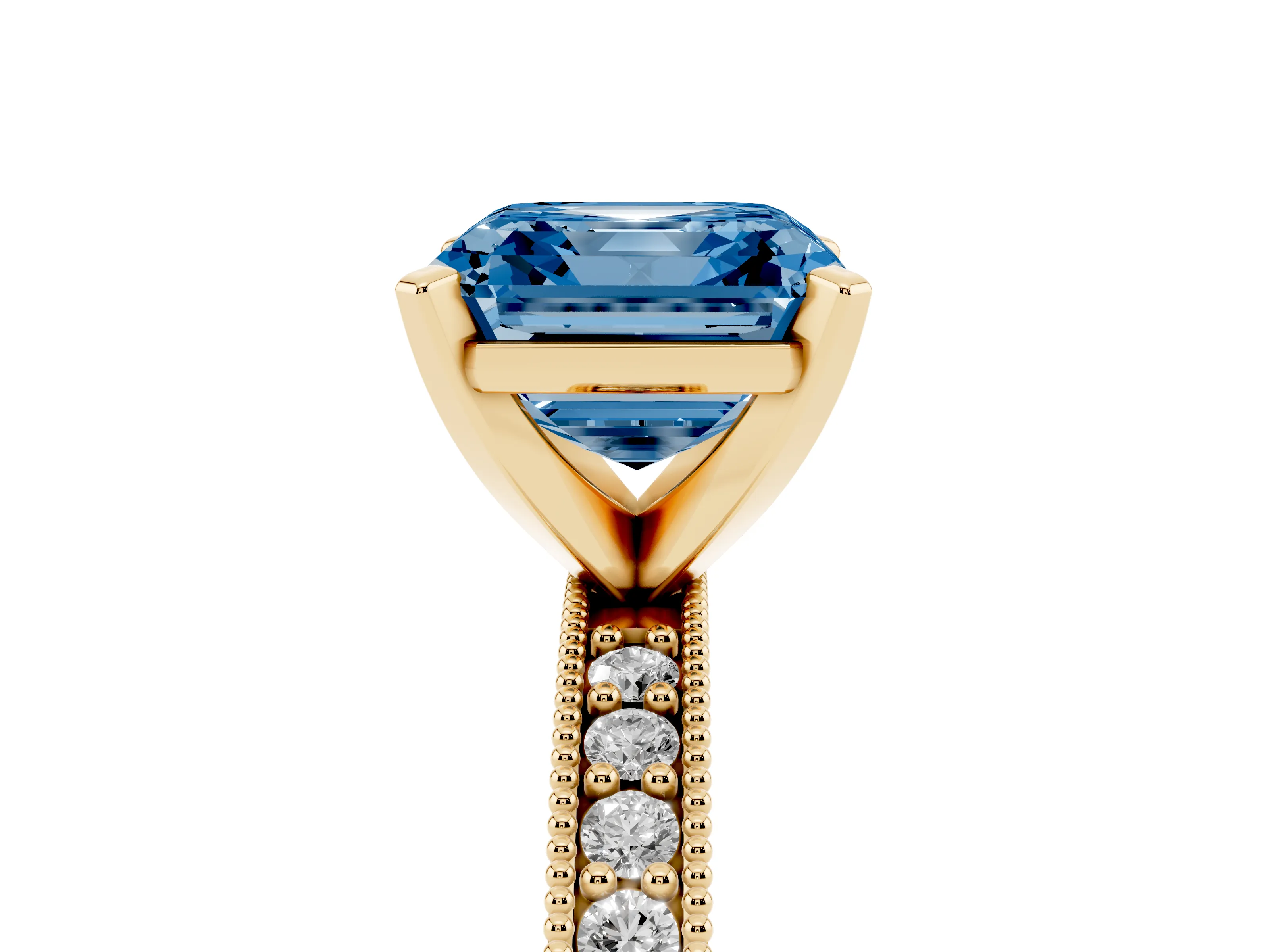 Fancy Blue Asscher Cut Diamond Milgrain Pavé Engagement Ring Set in Yellow gold with Prong Setting
