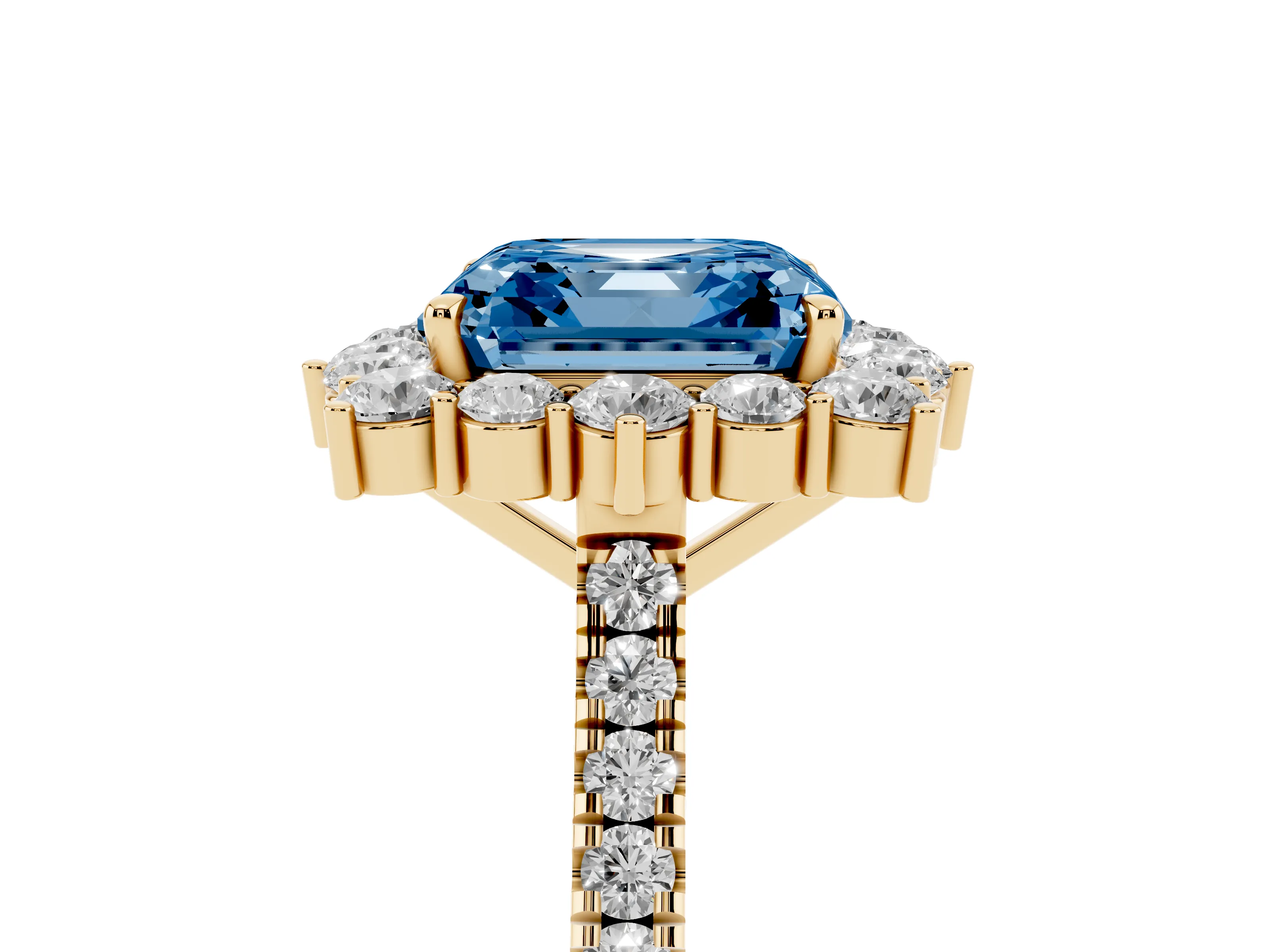 Fancy Blue Asscher Cut Diamond Halo Ring Set in Yellow gold with Pavé Band and Prong Setting