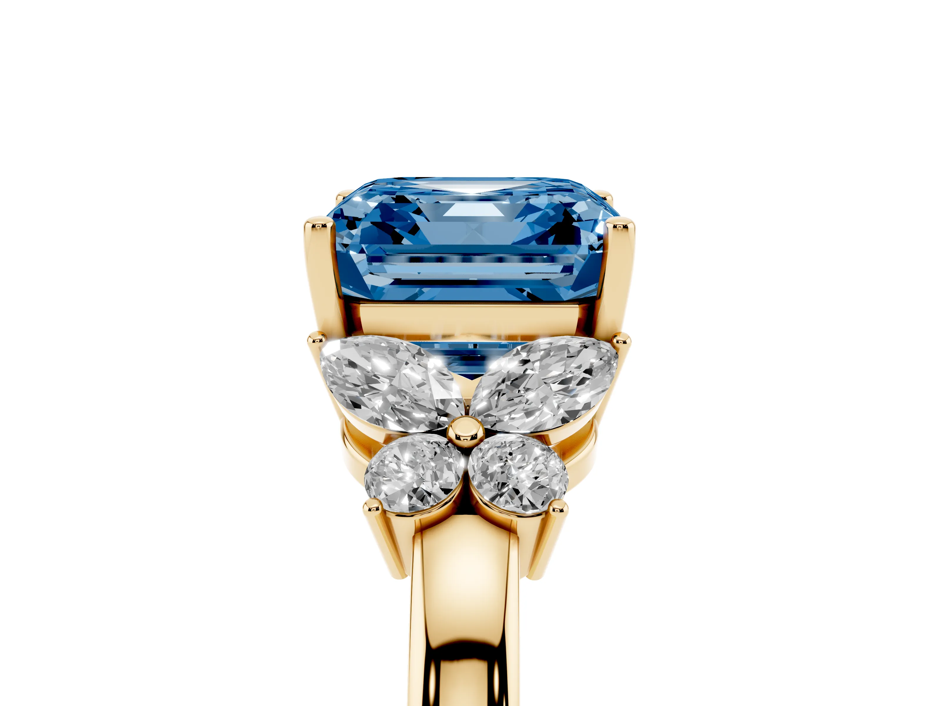 Fancy Blue Asscher Cut Diamond Solitaire Floral Ring Set in Yellow gold with Marquise Petals and Prong Setting