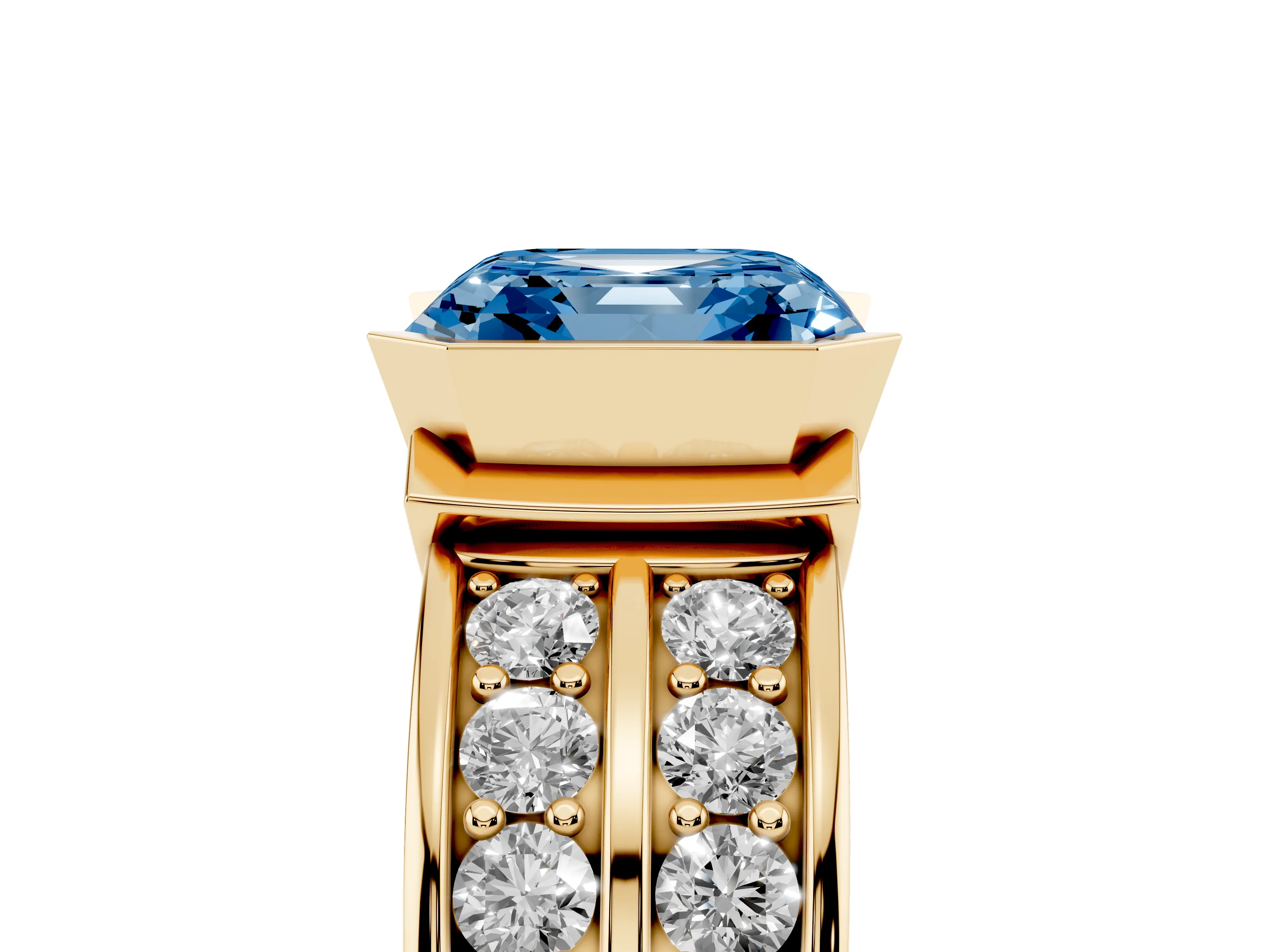 Fancy Blue Asscher Cut Diamond Wide Channel Set Band Ring Set in Yellow gold with Bezel Setting