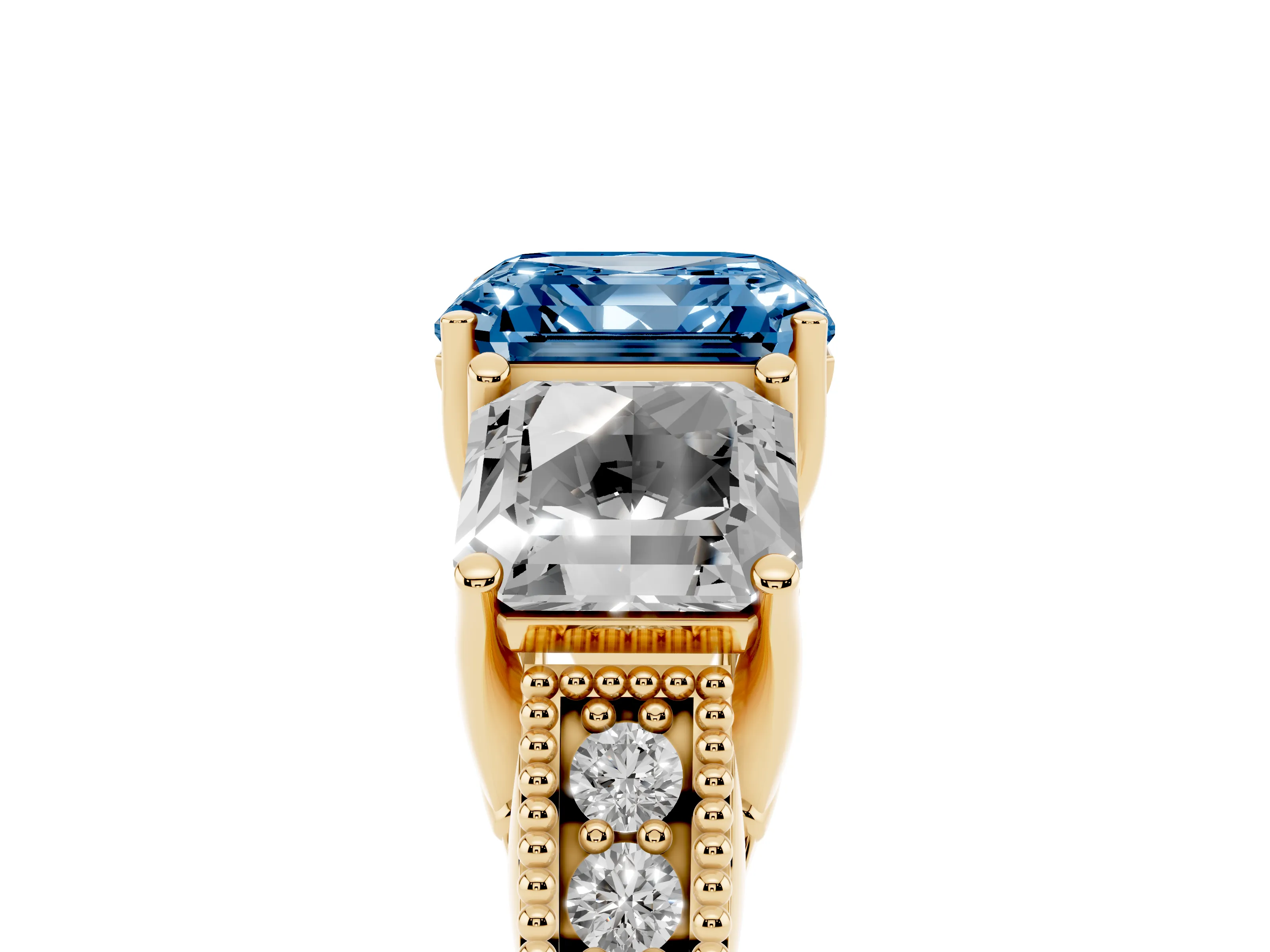 Fancy Blue Asscher Cut Diamond Three-Stone Engagement Ring Set in Yellow gold with Milgrain Pavé Band