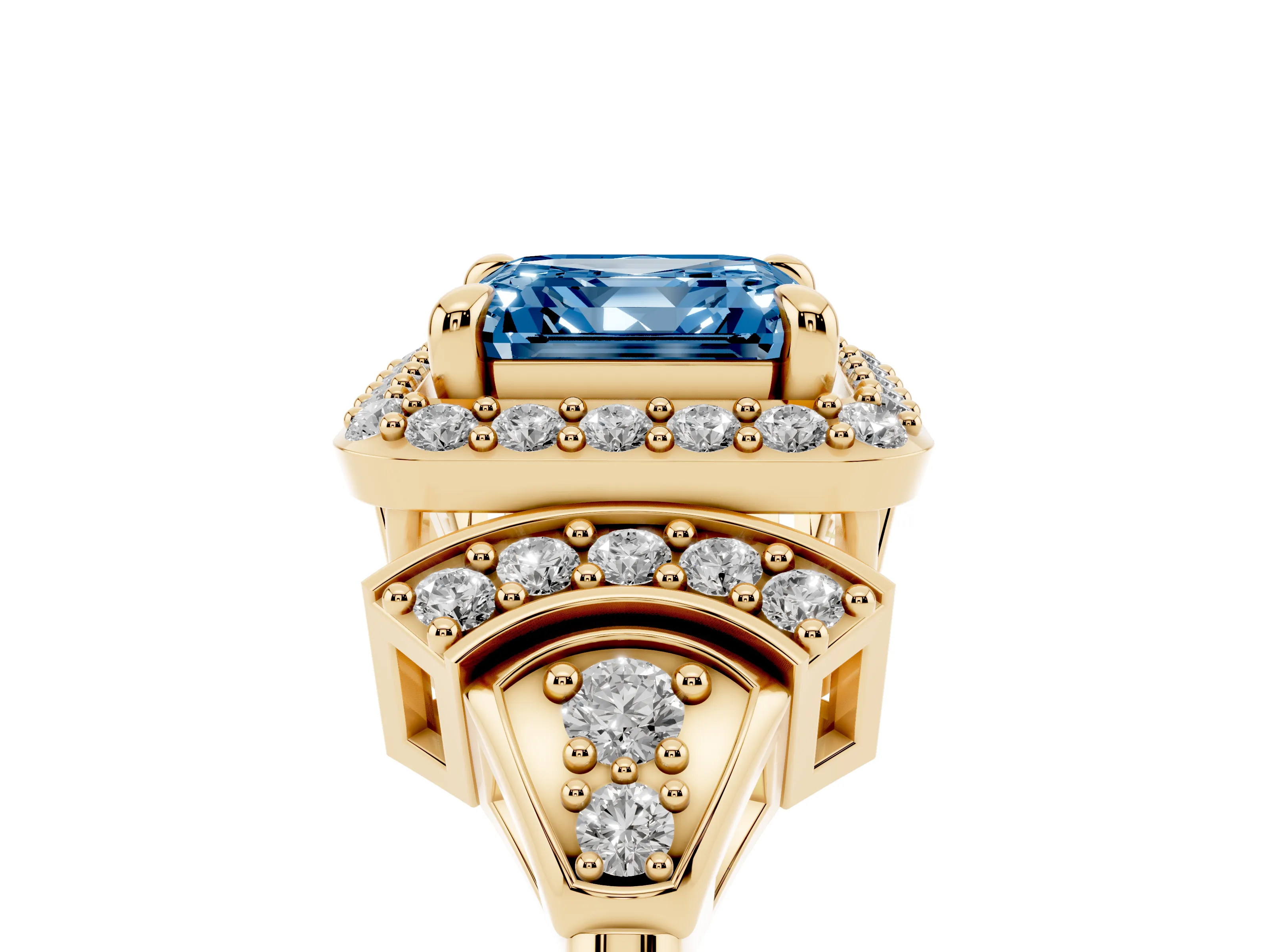 Fancy Blue Asscher Cut Diamond Halo Engagement Ring Set in Yellow gold with Accent Stone Split Shank