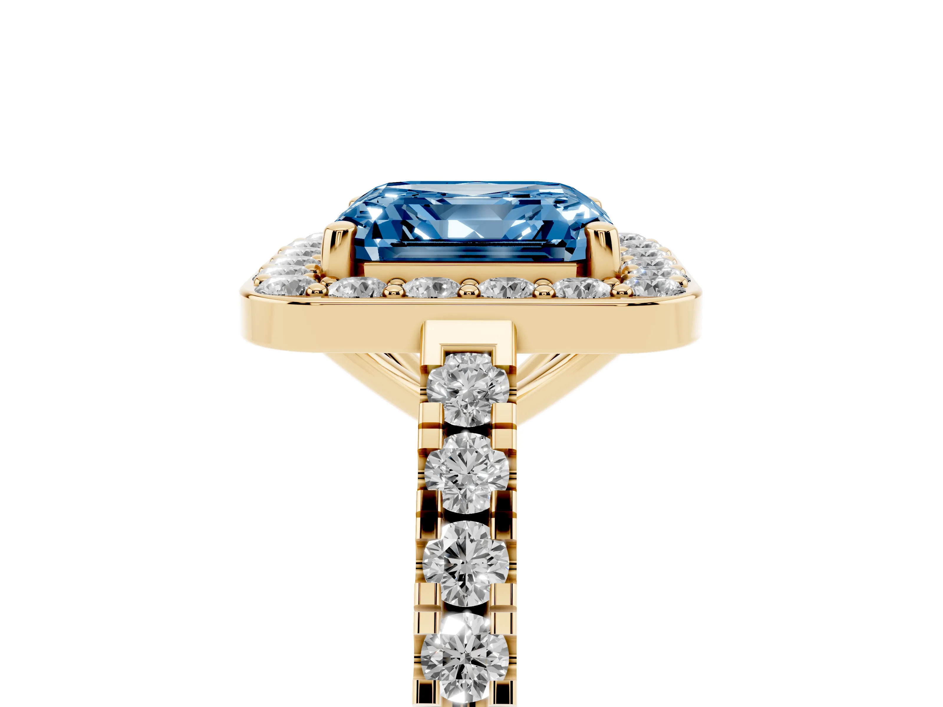 Fancy Blue Asscher Cut Diamond Halo Ring Set in Yellow gold with Round Pavé Split Shank and Prong Setting