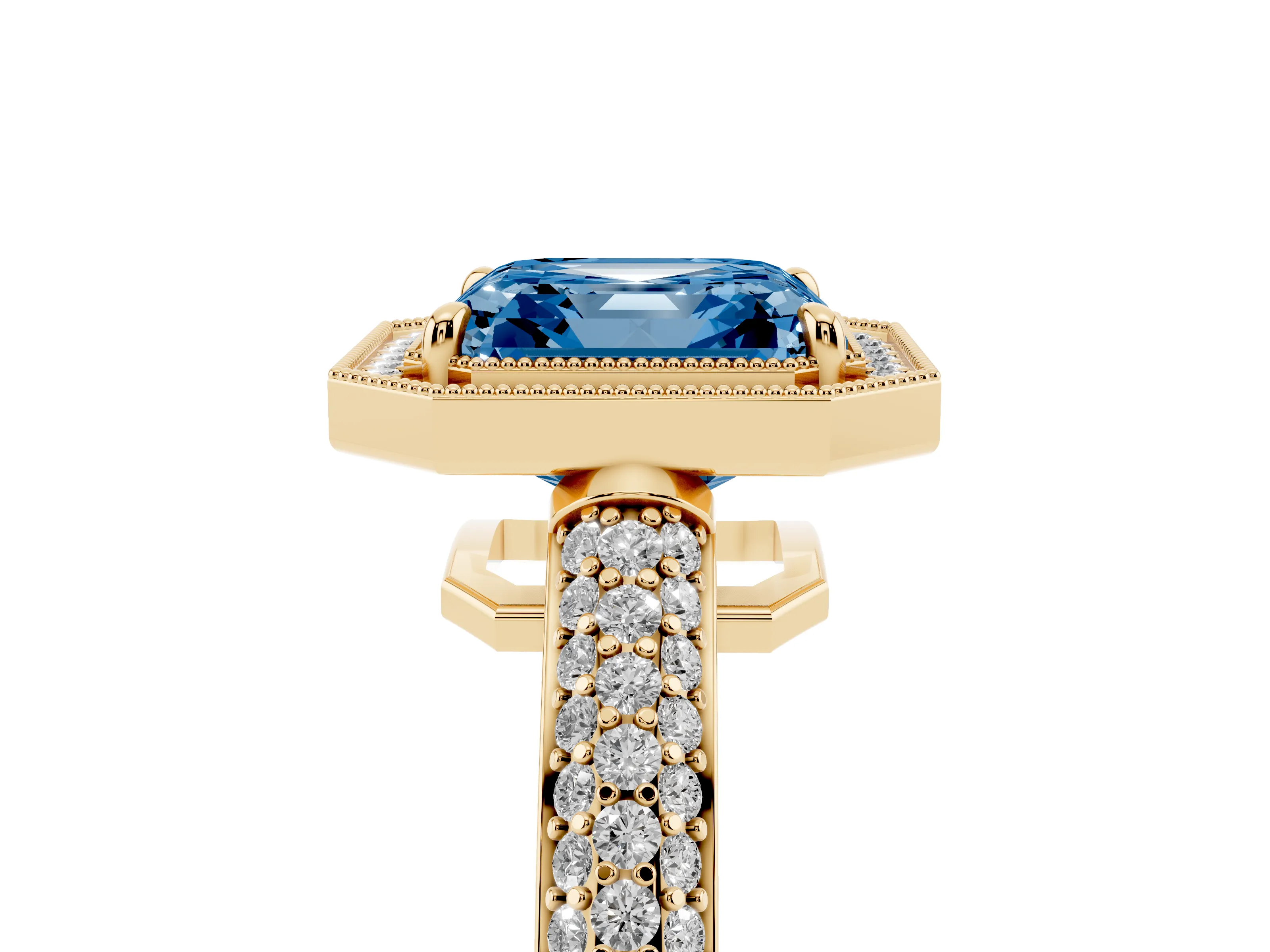 Fancy Blue Asscher Cut Diamond Halo Pavé Band Set in Yellow gold with Prong Setting