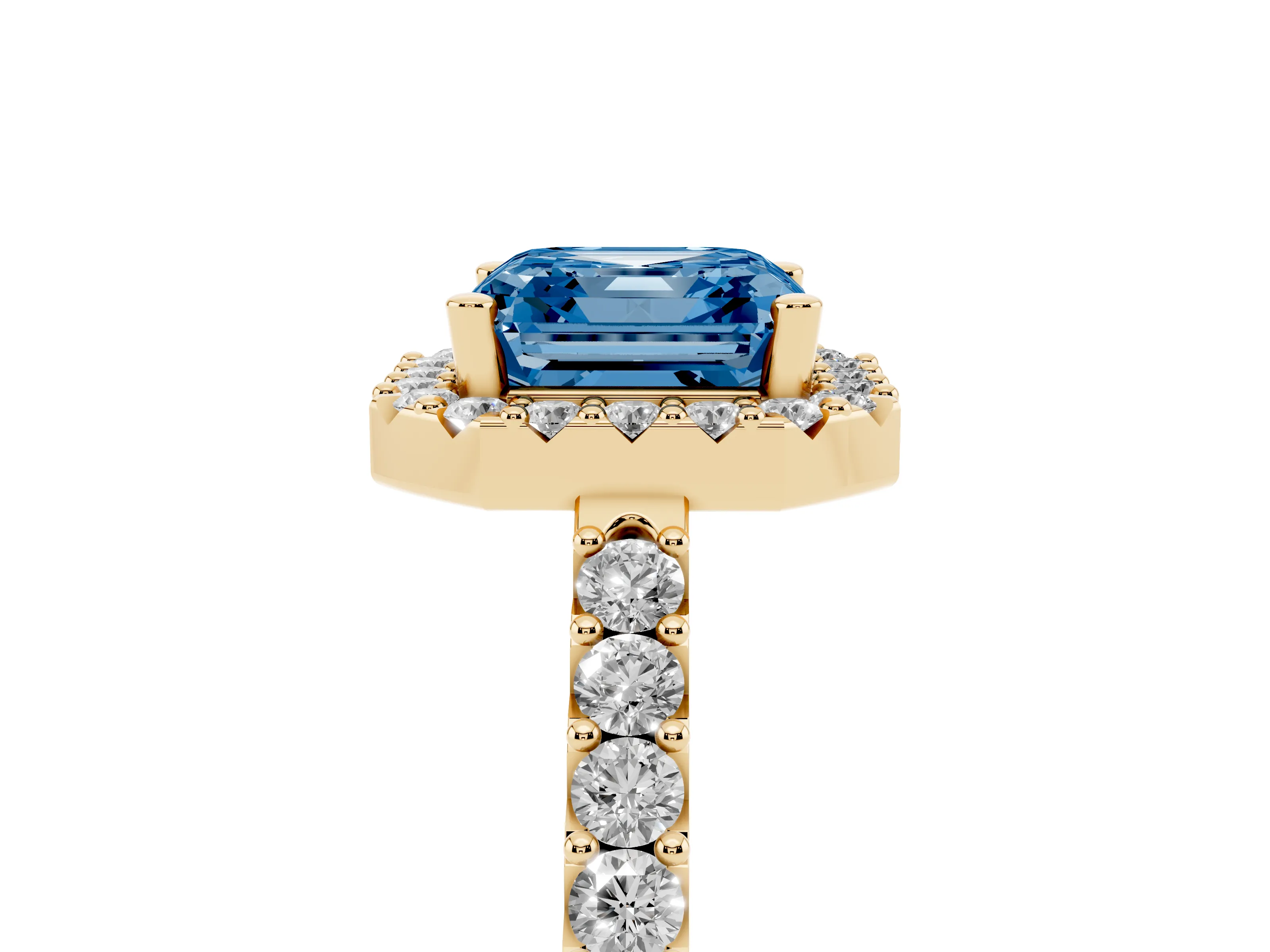 Fancy Blue Asscher Cut Diamond Halo Pavé Solitaire Ring Set in Yellow gold with Prong-Set Center Stone