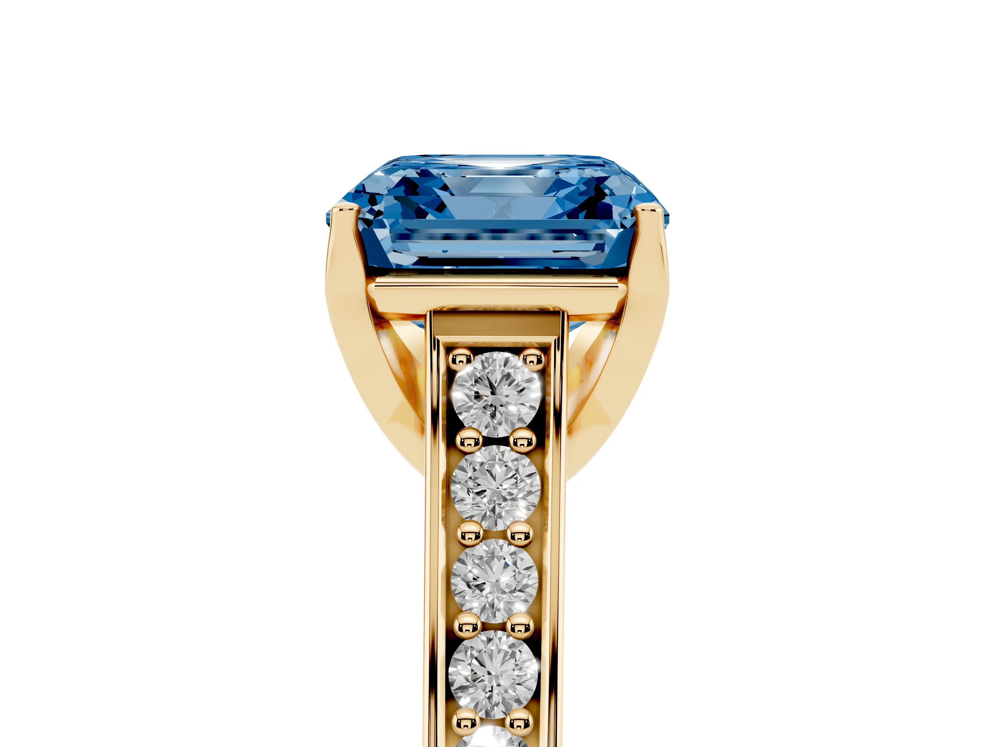 Fancy Blue Asscher Cut Diamond Solitaire Pavé Engagement Ring Set in Yellow gold with Prong Setting