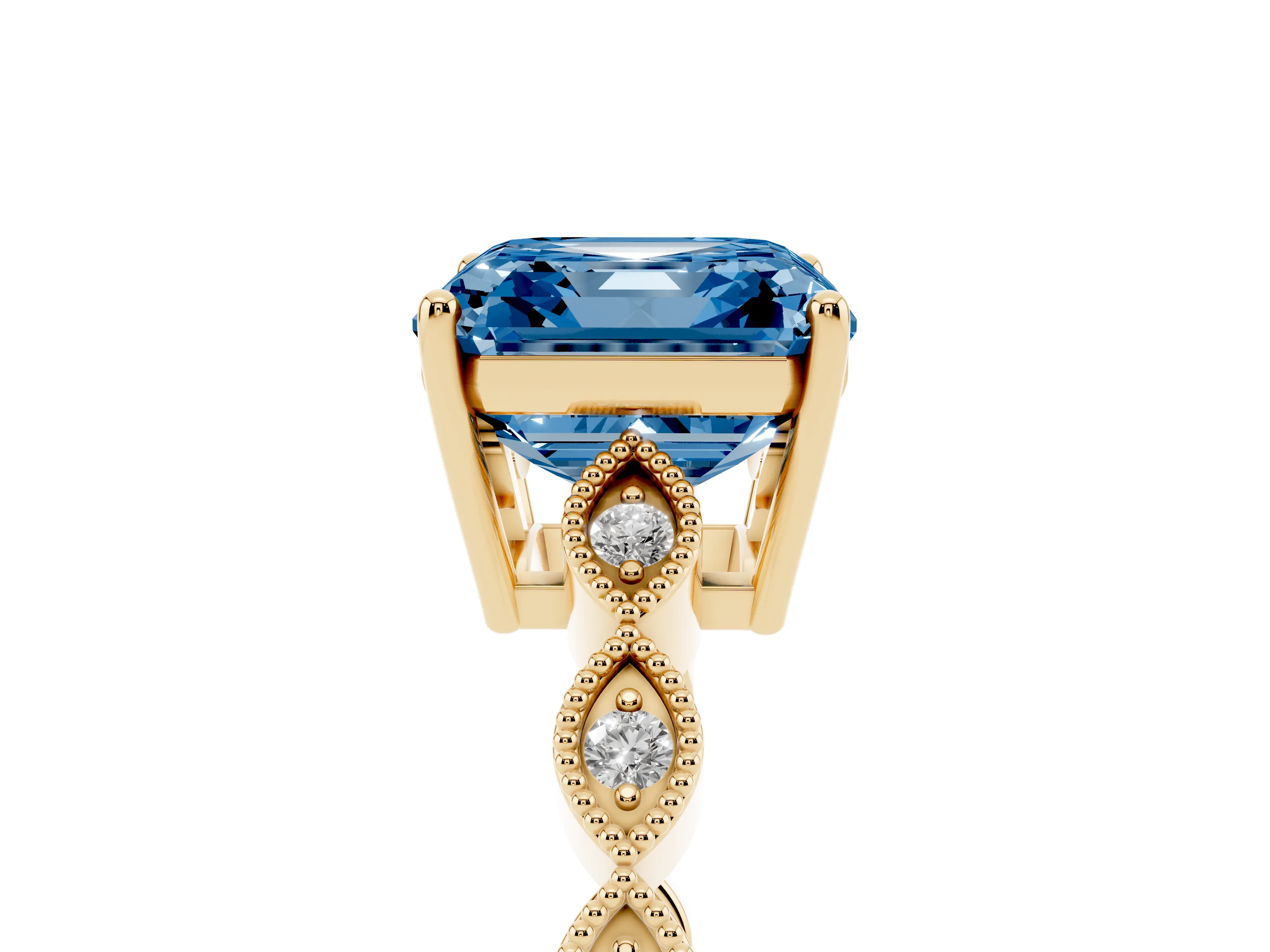 Fancy Blue Asscher Cut Diamond Solitaire Ring Set in Yellow gold with Infinity Twist Pavé Band