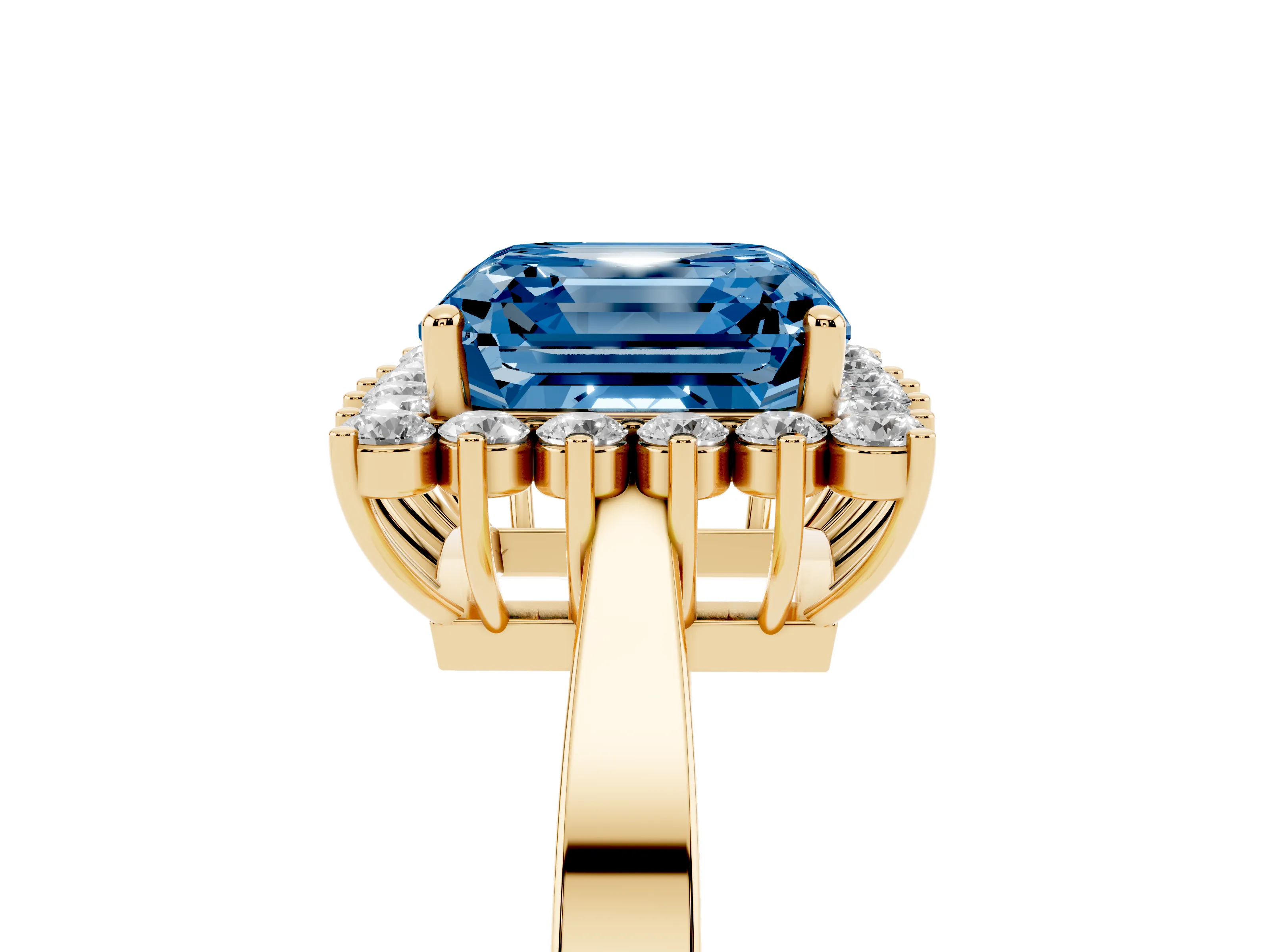 Fancy Blue Asscher Cut Diamond Halo Ring Set in Yellow gold with Round Halo and Smooth Solitaire Band