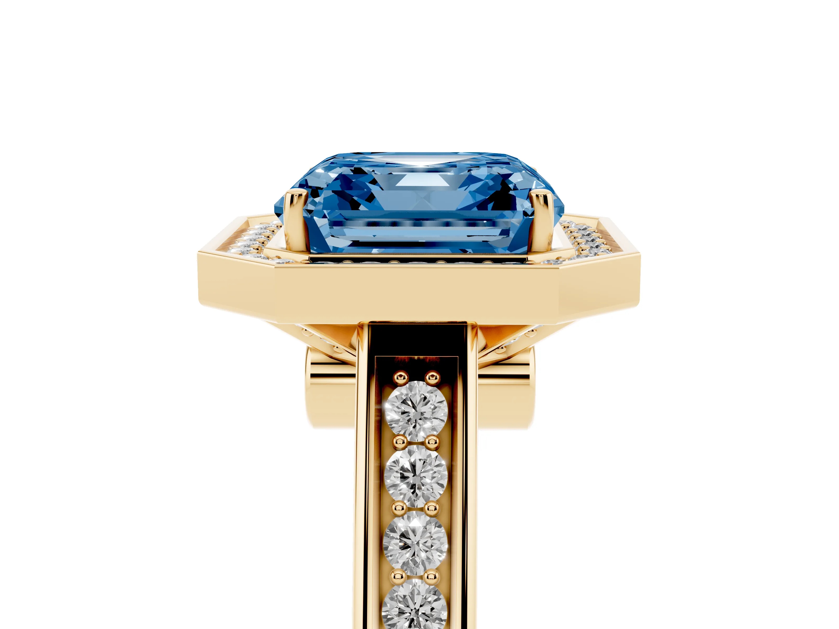 Fancy Blue Asscher Cut Diamond Halo Solitaire Ring Set in Yellow gold with Pavé Band and Bezel Setting