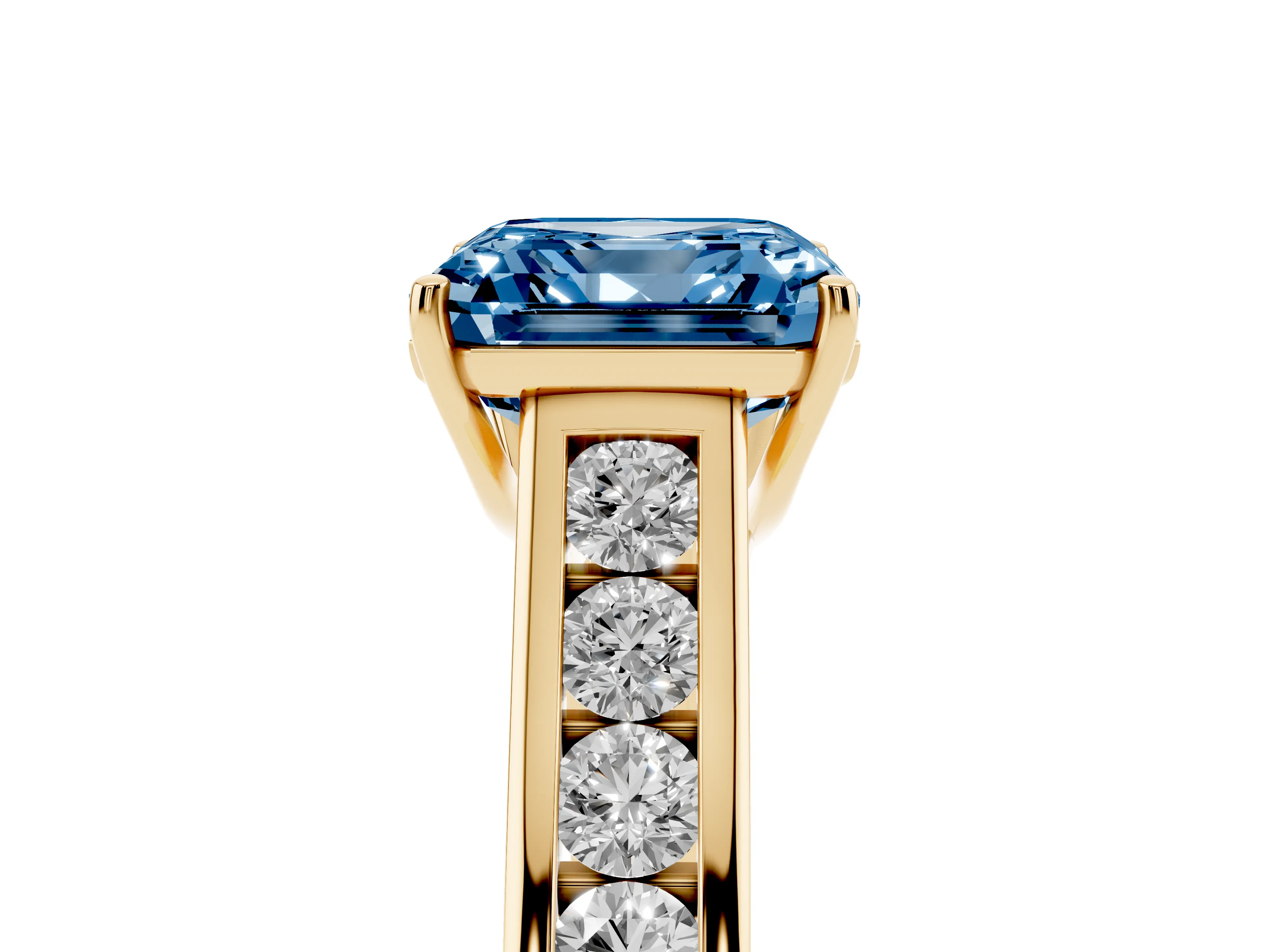 Fancy Blue Asscher Cut Diamond Brilliant Channel-Set Solitaire Ring Set in Yellow gold with Prong Setting