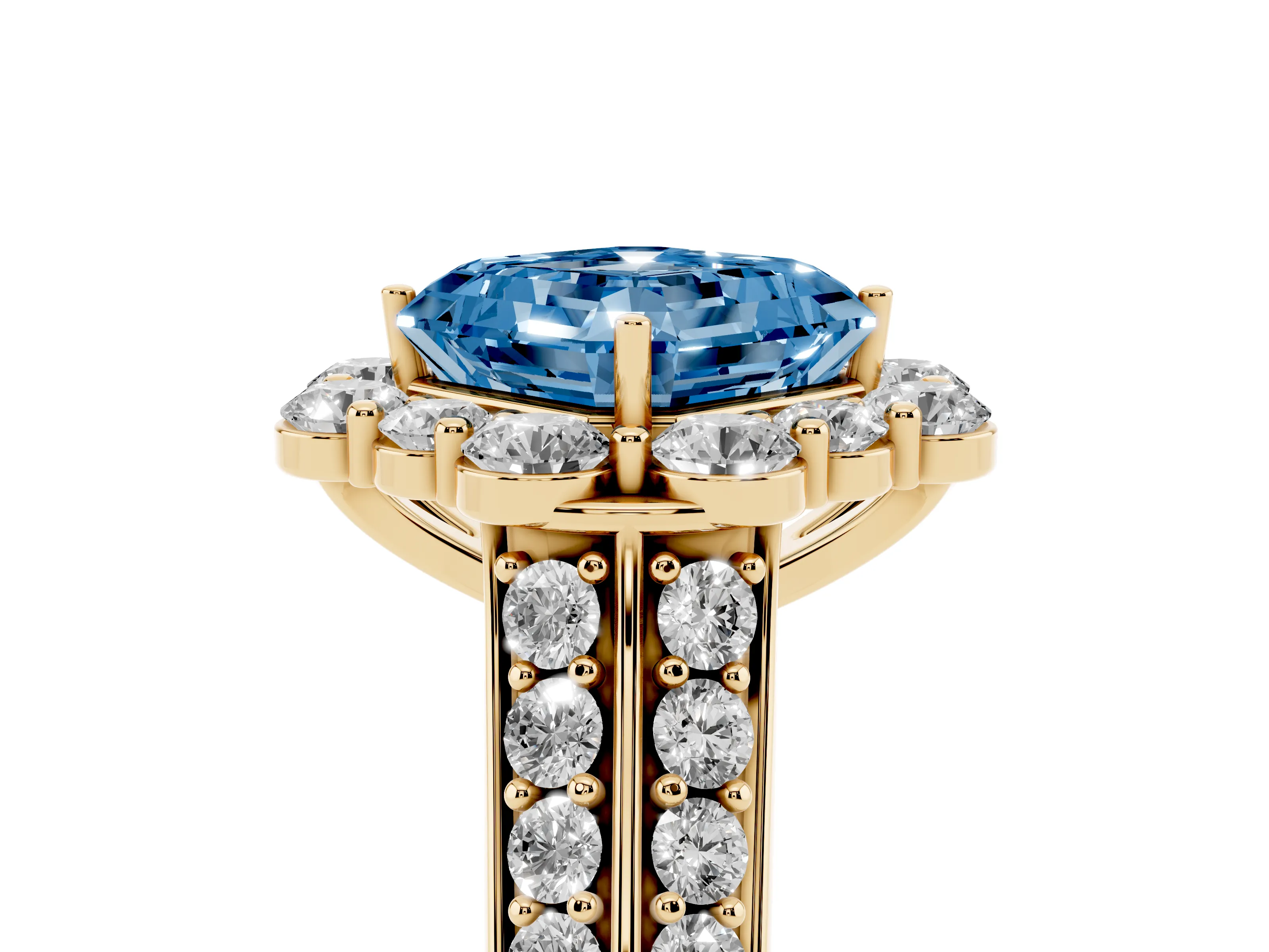 Fancy Blue Asscher Cut Diamond Halo Engagement Ring Set in Yellow gold with Split Shank and Prong Setting