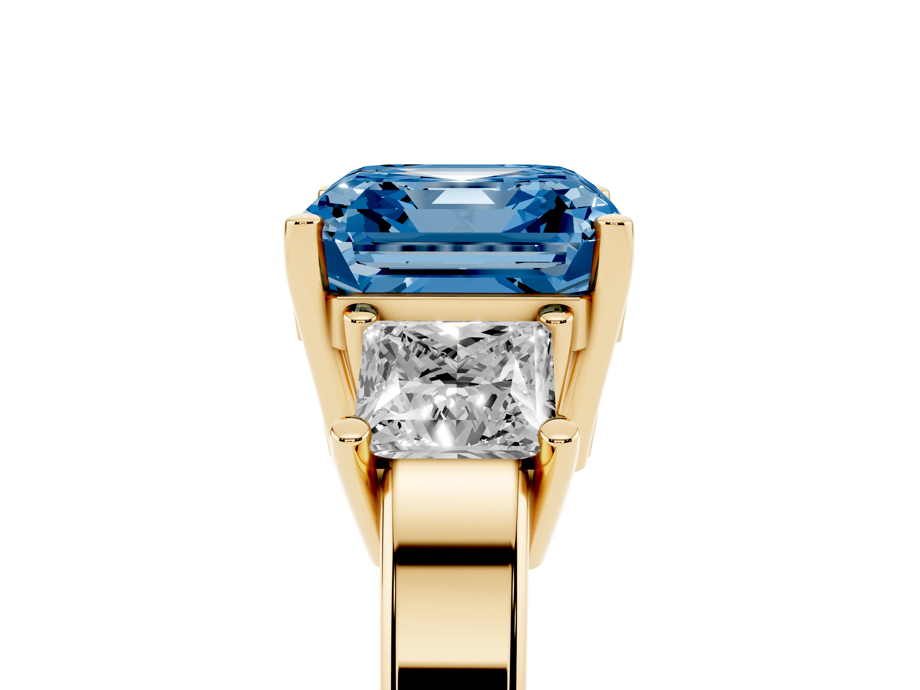 Fancy Blue Three-Stone Asscher Cut Diamond Solitaire Ring Set in Yellow gold with Prong Setting