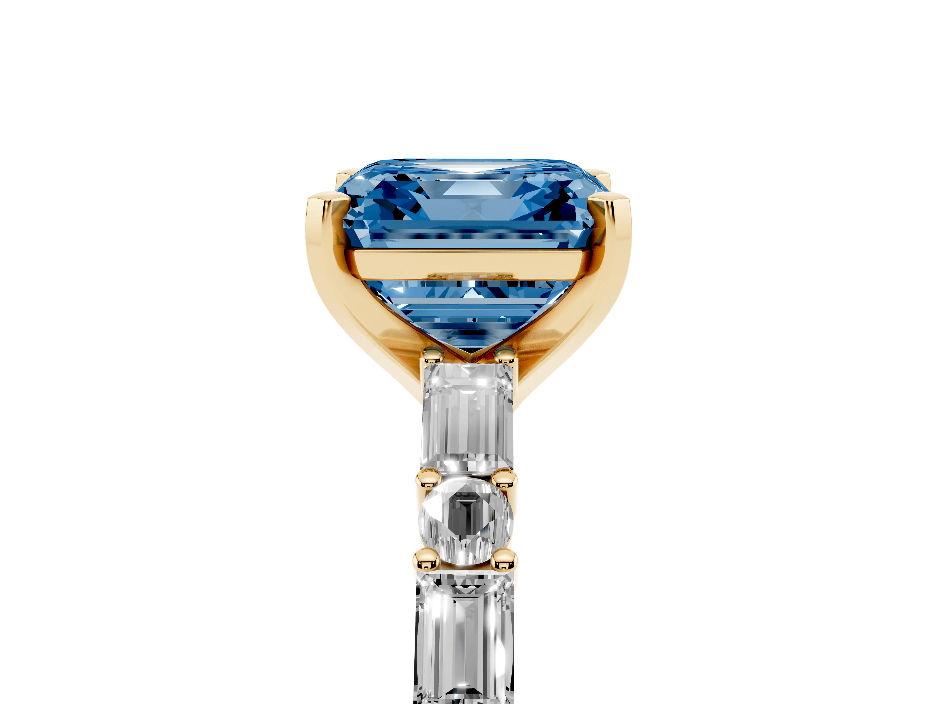 Fancy Blue Asscher Cut Diamond Solitaire Set in Yellow gold with Side Baguettes and Channel Set Band