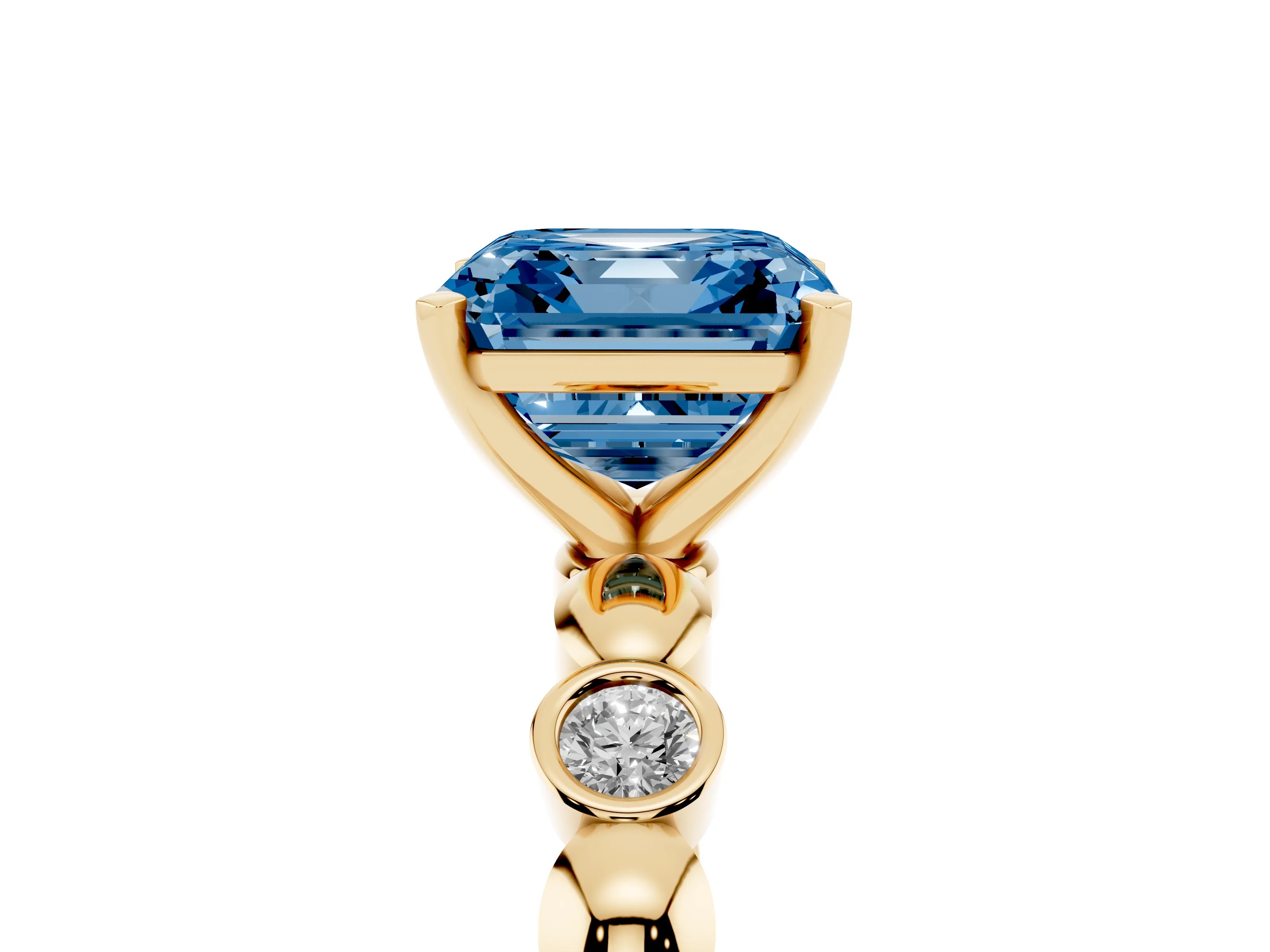 Fancy Blue Asscher Cut Diamond Solitaire Ring Set in Yellow gold with Bezel-Set Accents on Beaded Band and Prong Setting