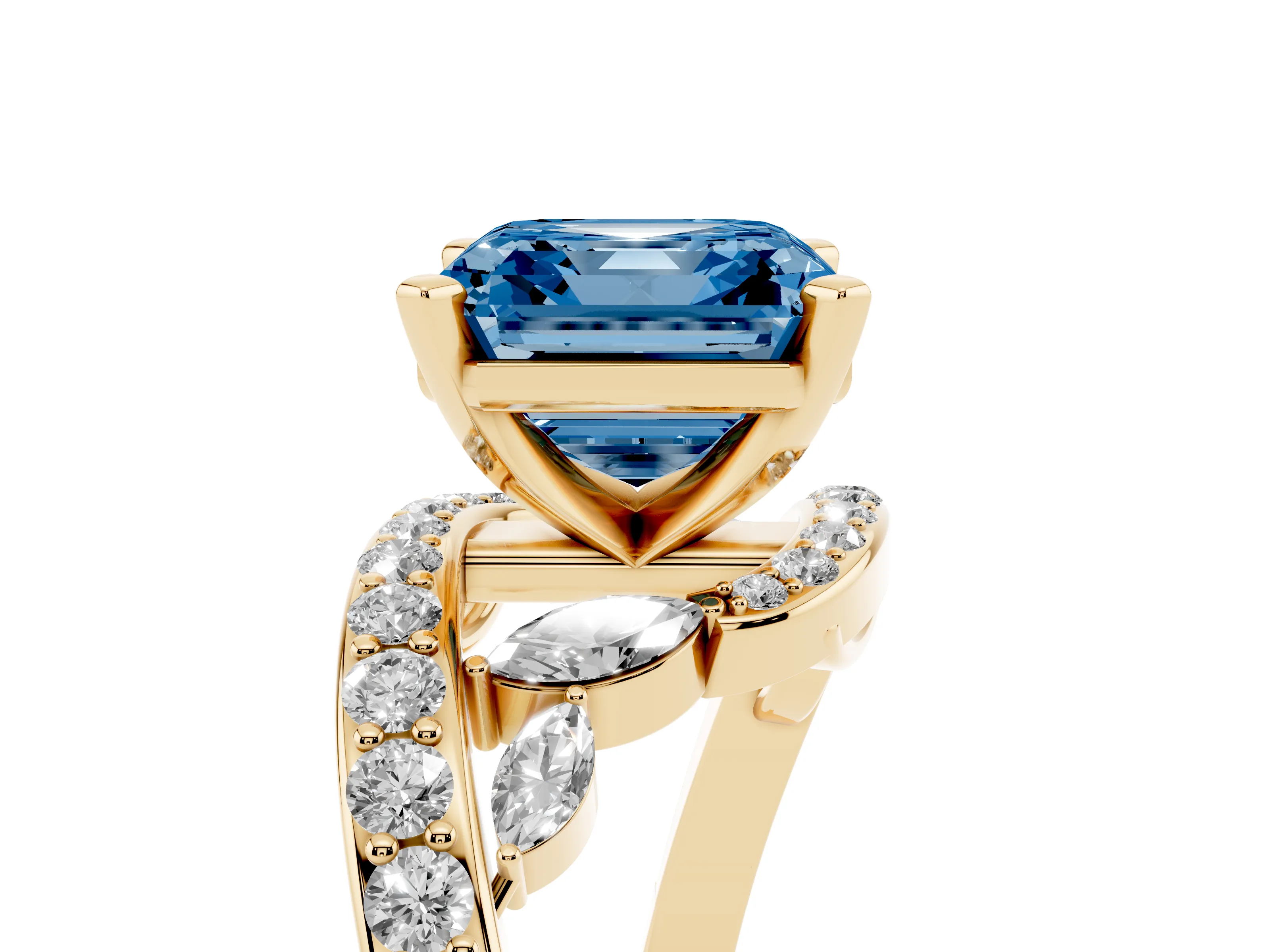 Fancy Blue Asscher Cut Diamond Solitaire Ring Set in Yellow gold with Pavé Twist Band and Secure Prong Setting