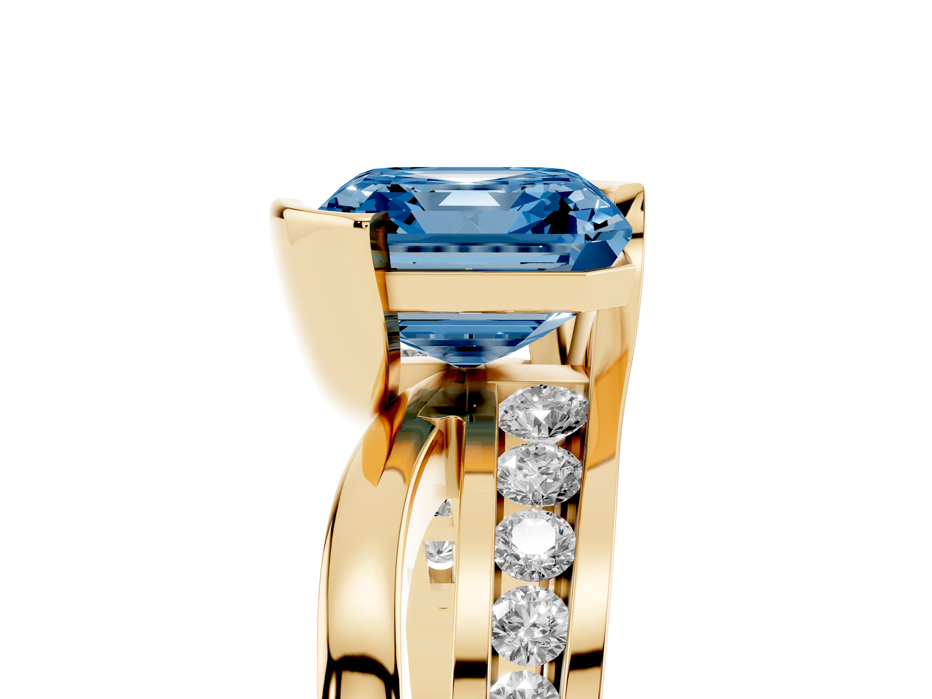 Fancy Blue Asscher Cut Diamond Solitaire Ring Set in Yellow gold with Channel Set Split Shank and Tension Prongs