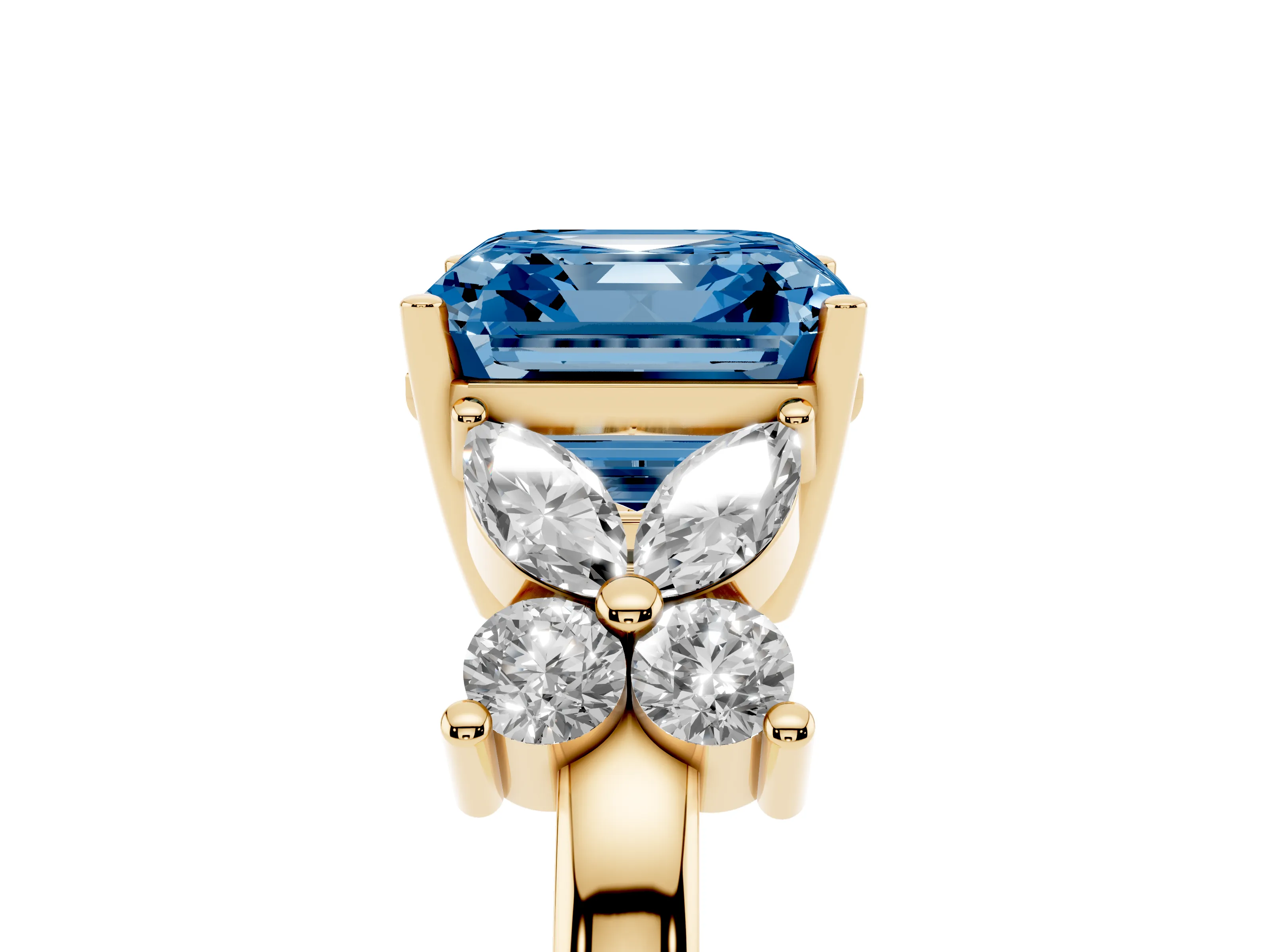 Fancy Blue Asscher Cut Diamond Floral Cluster Ring Set in Yellow gold with Marquise Petals and Prong Setting