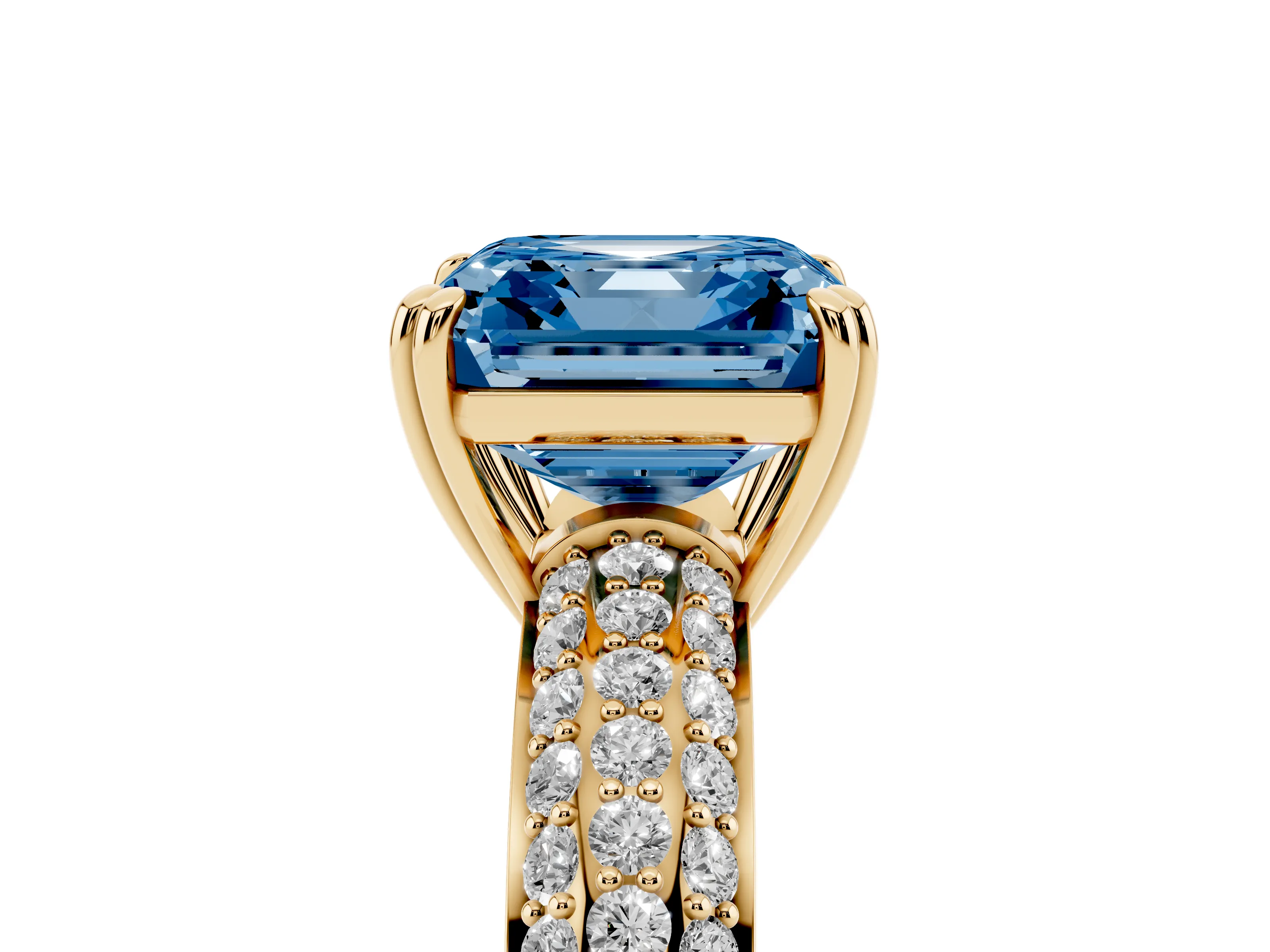 Fancy Blue Asscher Cut Diamond Solitaire Ring Set in Yellow gold with Multi-Row Round Pavé Band and Prong Setting