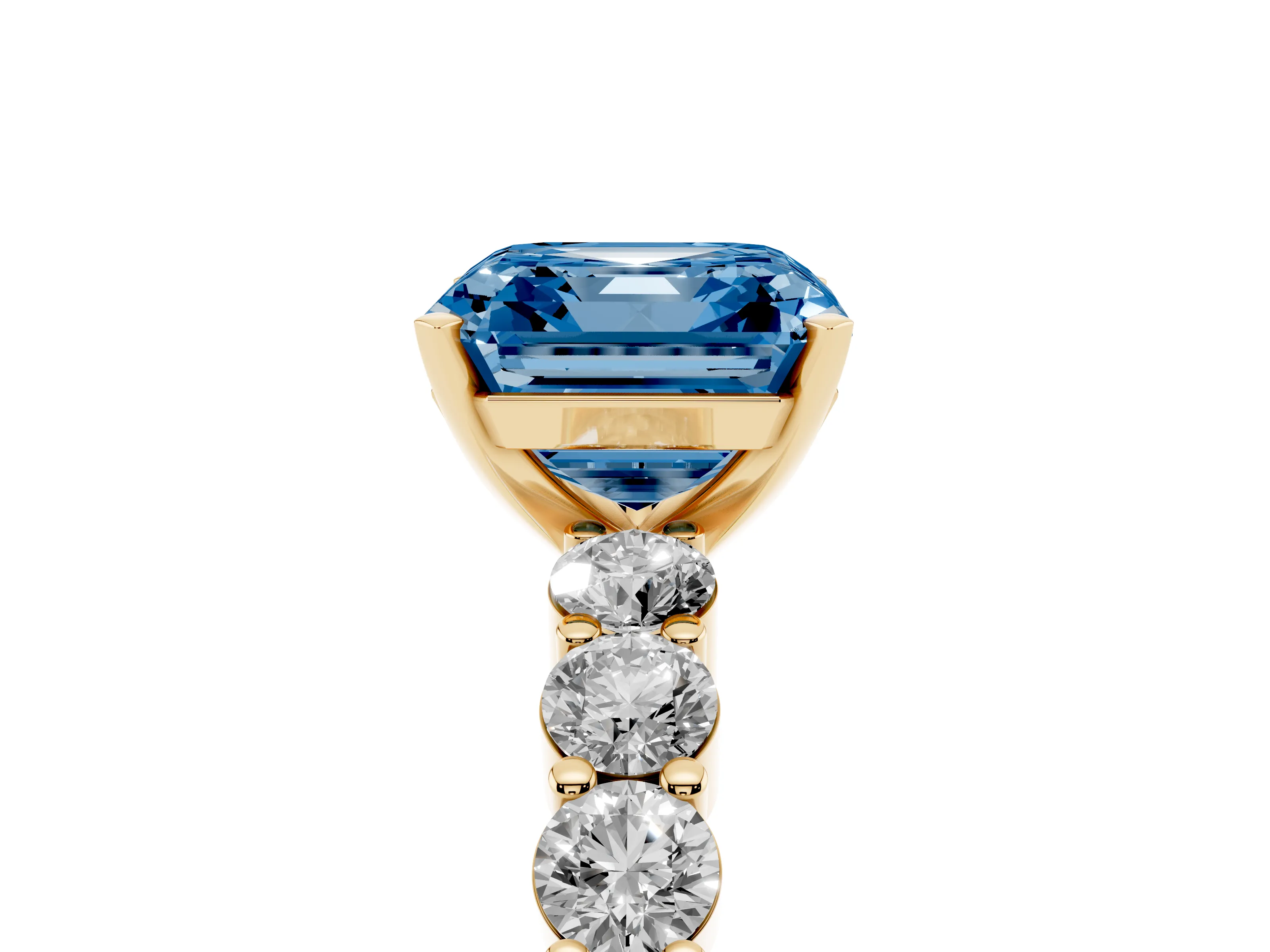 Fancy Blue Asscher Cut Diamond Solitaire Ring Set in Yellow gold with Shared Prong Round Side Stones