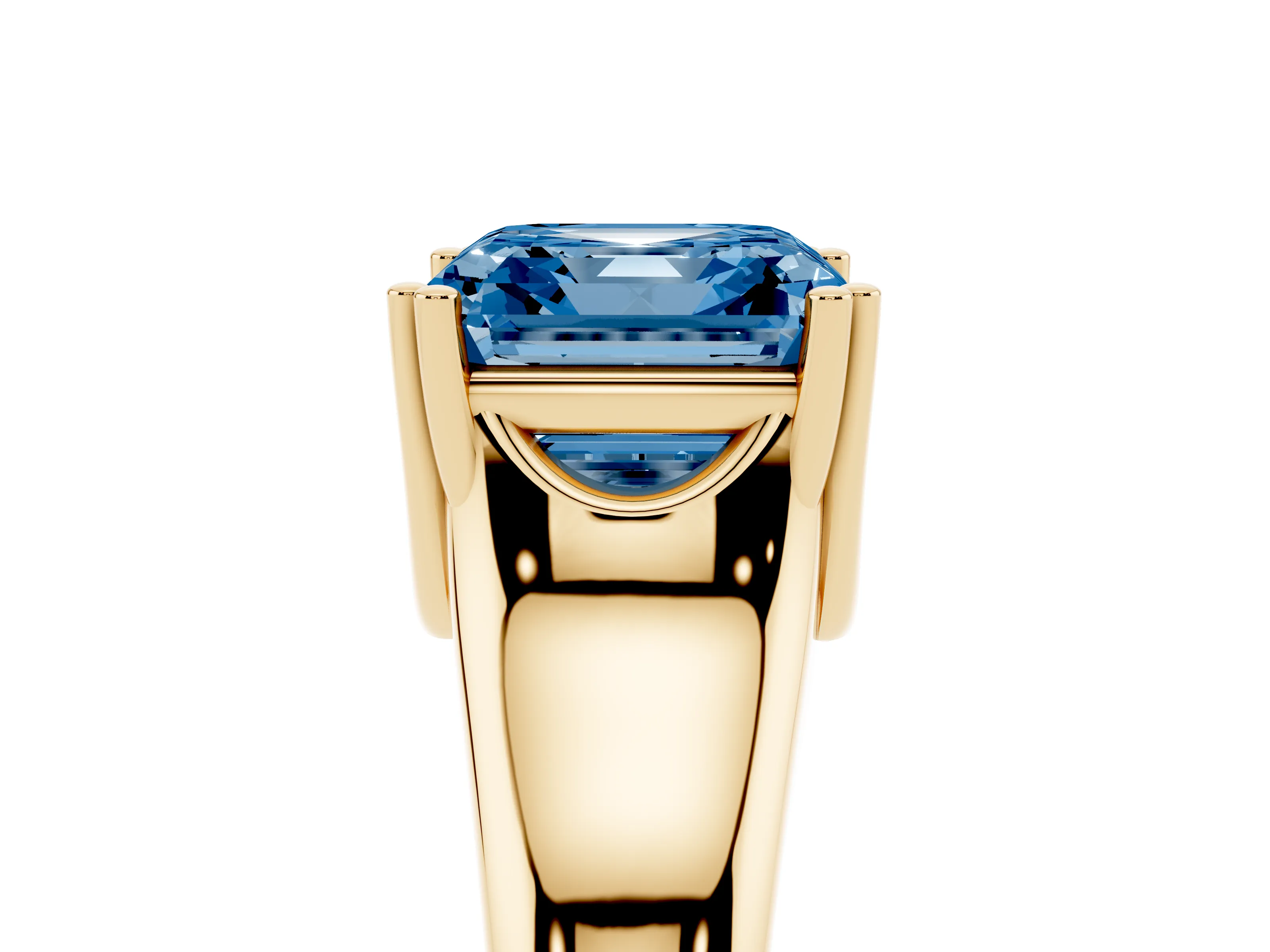 Fancy Blue Asscher Cut Diamond Solitaire Ring Set in Yellow gold with Wide Band and Prong Setting