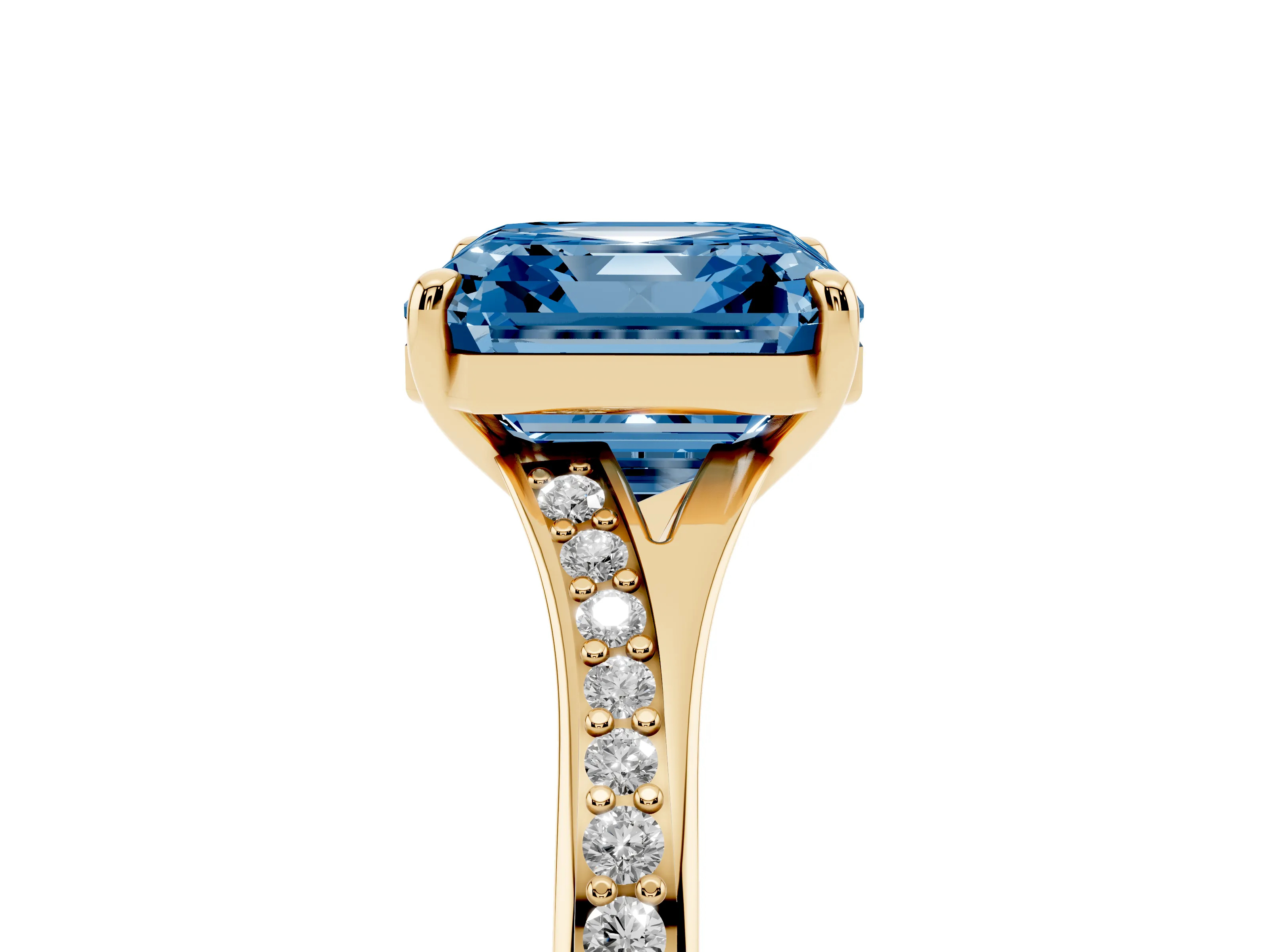 Fancy Blue Asscher Cut Diamond Solitaire Ring Set in Yellow gold with Pavé Accent Band and Classic Prong Setting