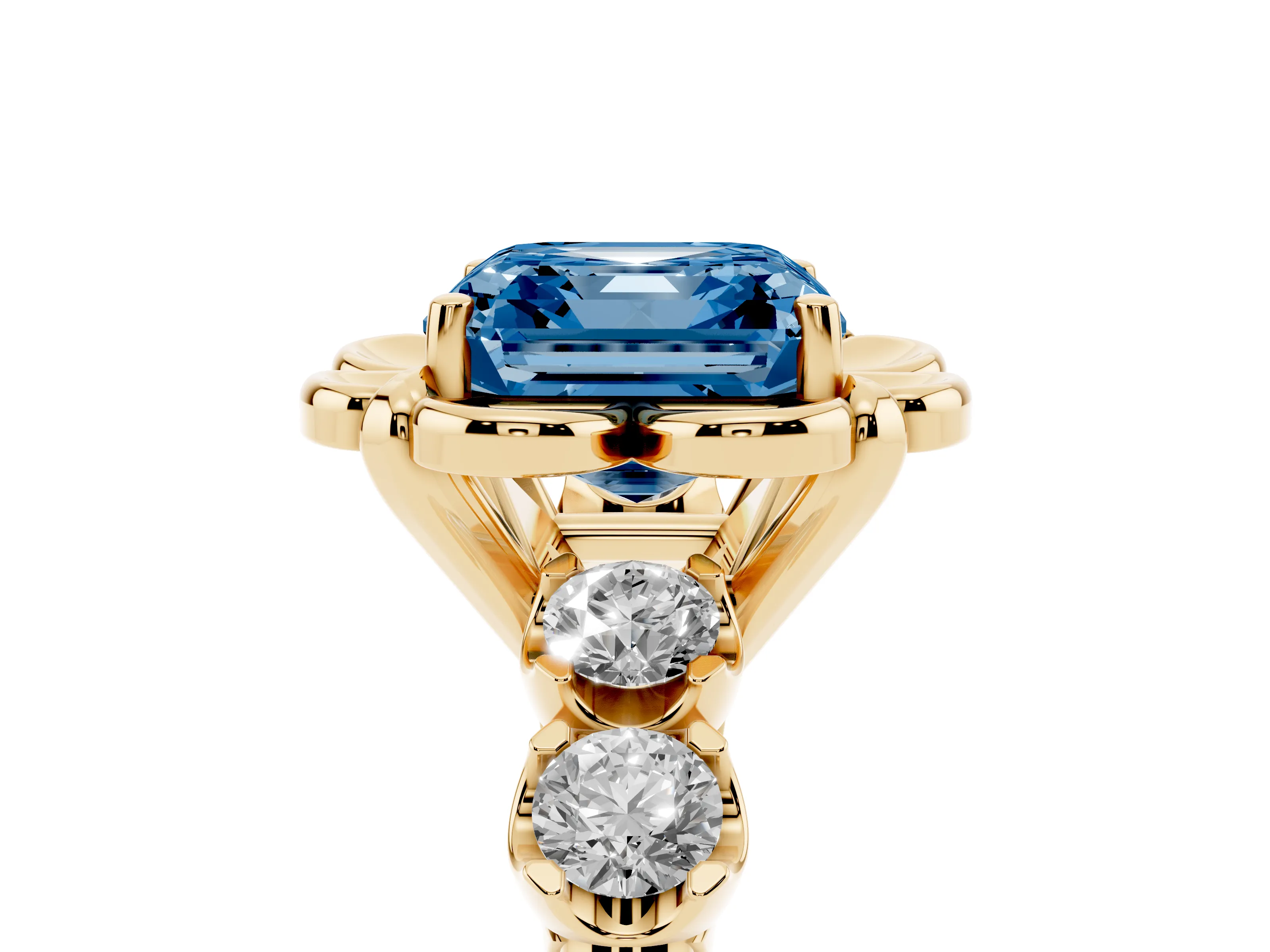 Fancy Blue Asscher Cut Diamond Floral Halo Ring Set in Yellow gold with Shared Prong Band