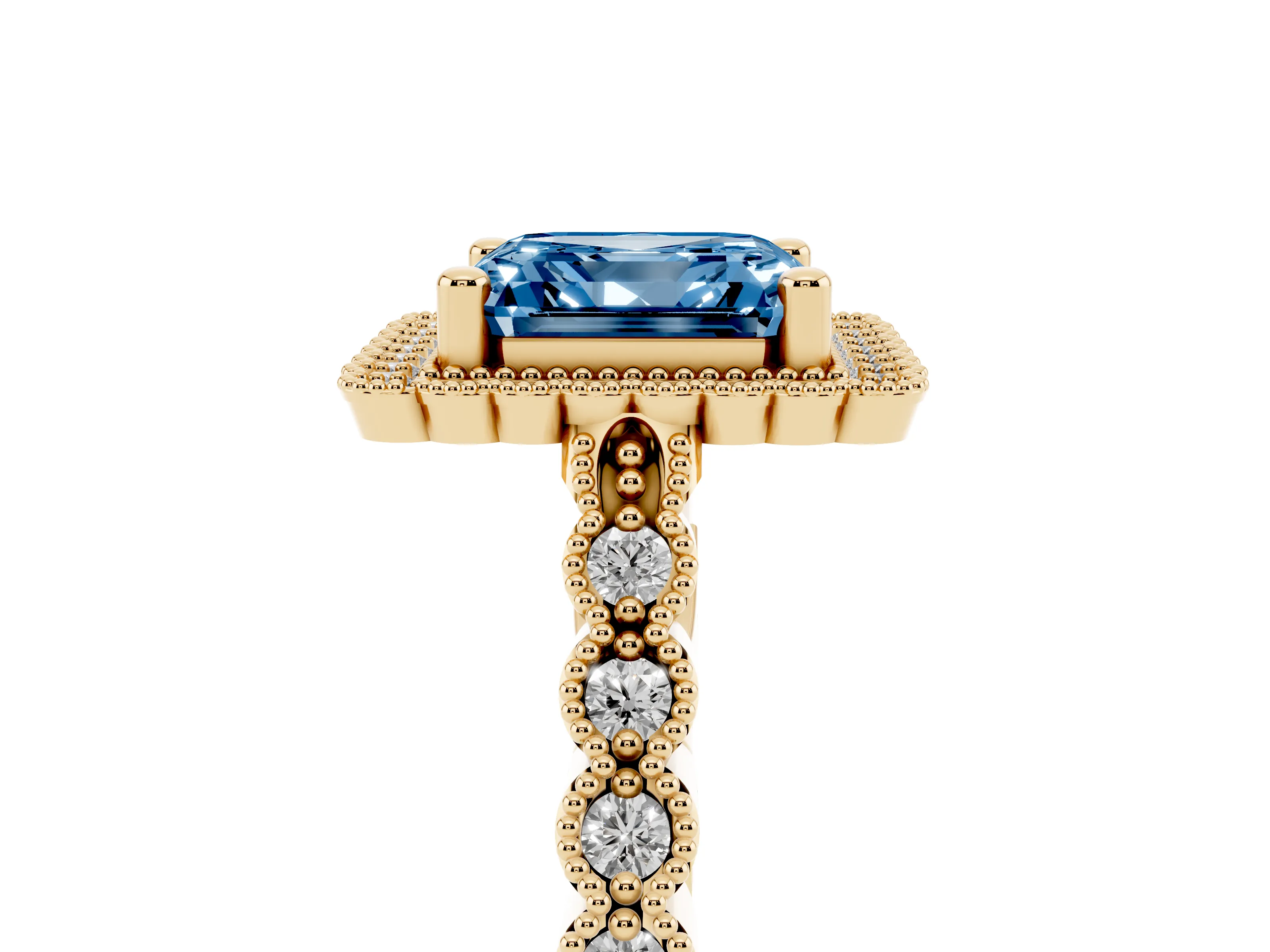 Fancy Blue Asscher Cut Diamond Halo Ring Set in Yellow gold with Pavé Milgrain Band