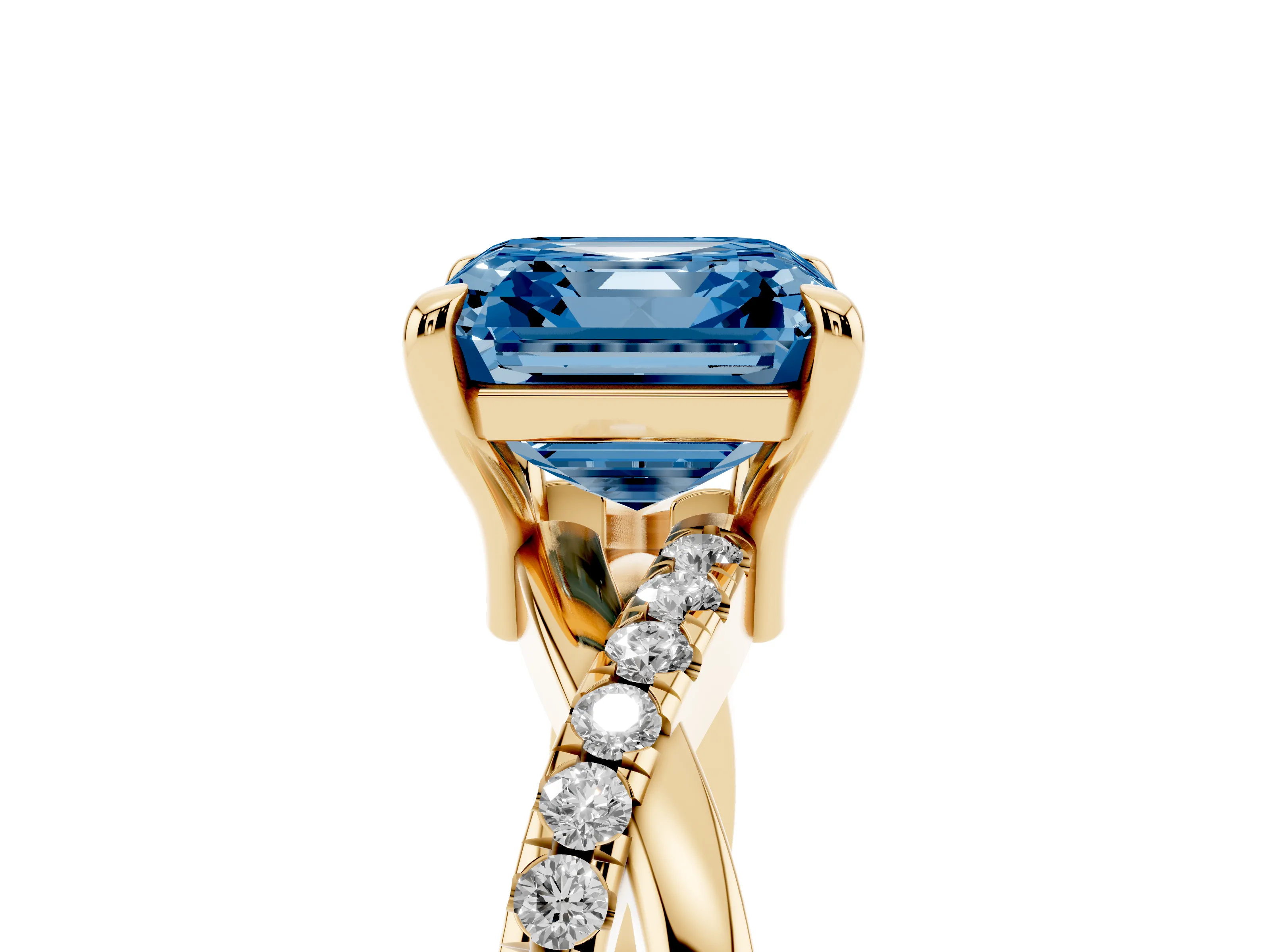 Fancy Blue Asscher Cut Diamond Twist Band Pavé Solitaire Ring Set in Yellow gold with Prong Setting
