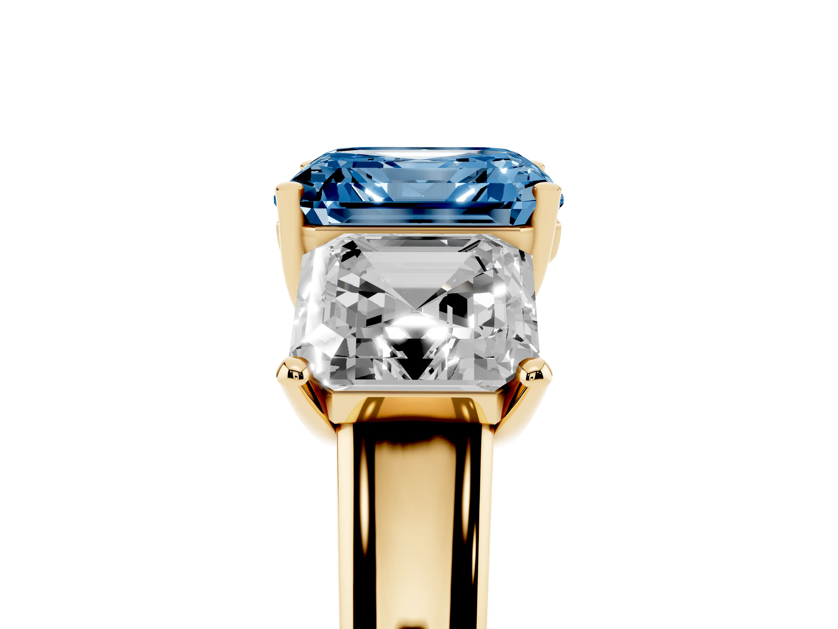 Fancy Blue Asscher Cut Diamond Three-Stone Ring Set in Yellow gold with Classic Prong Setting and Plain Band