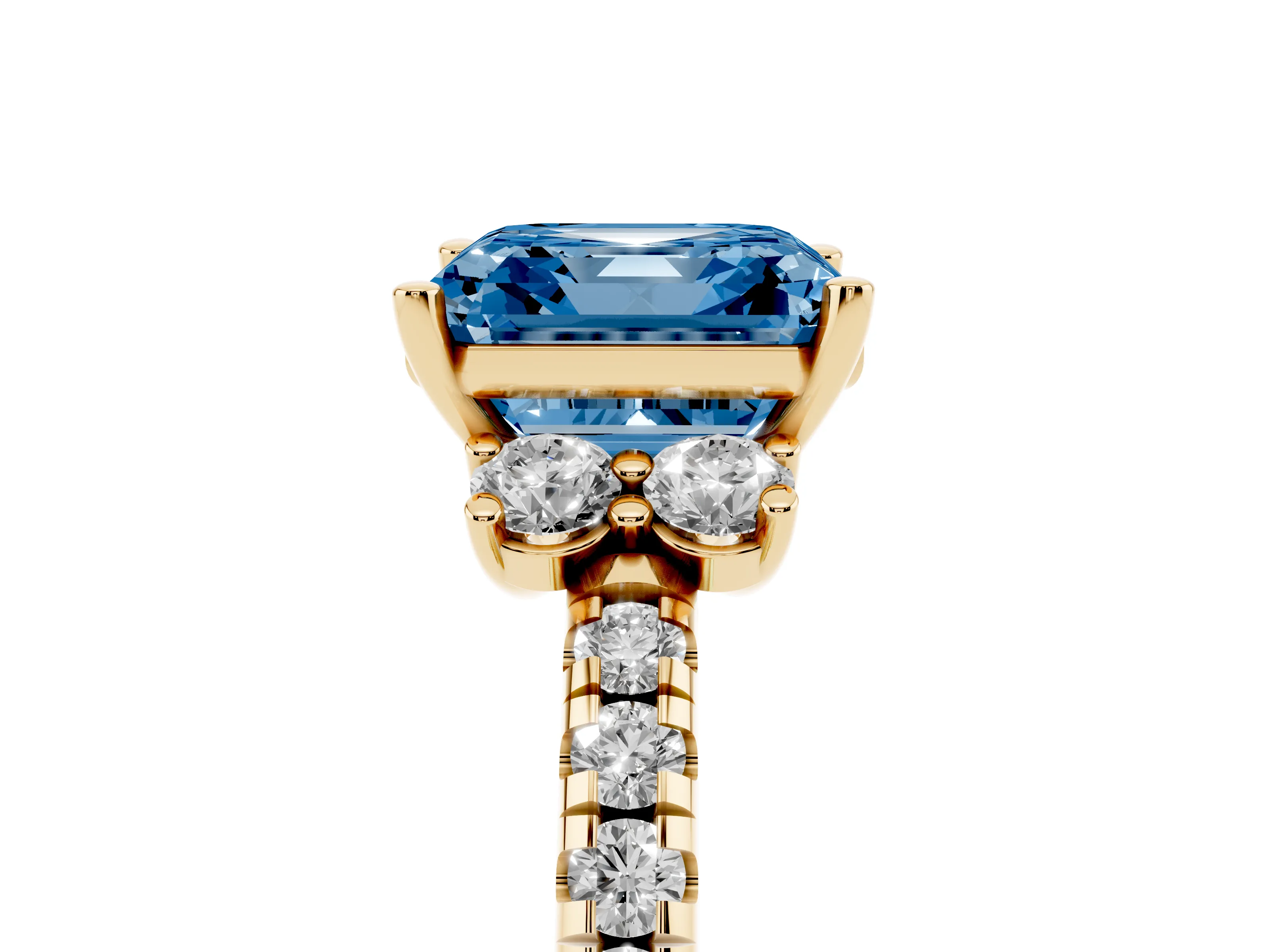 Fancy Blue Asscher Cut Diamond Three-Stone Pavé Ring Set in Yellow gold with Prong Setting