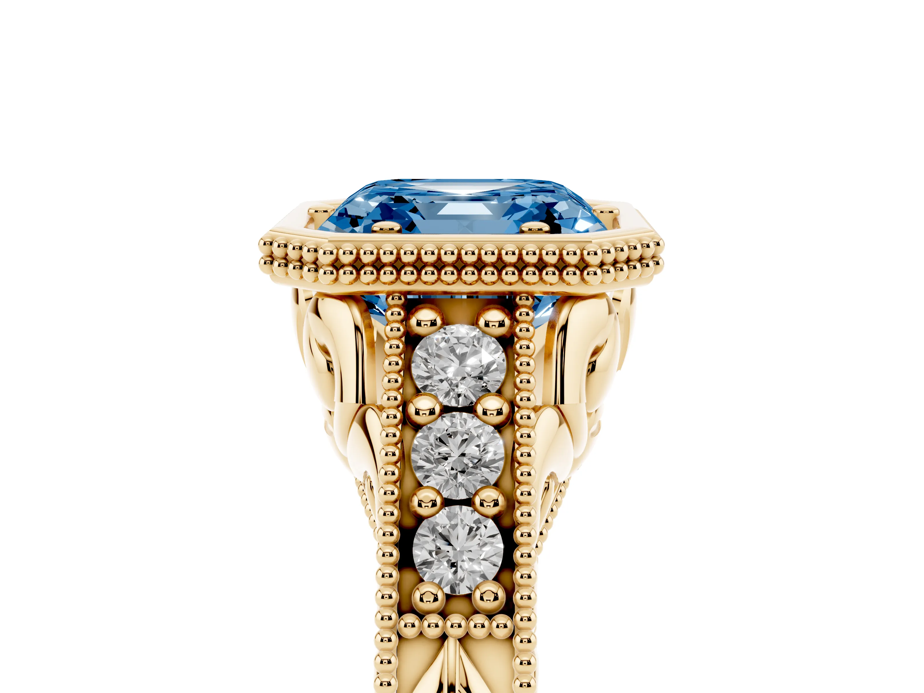 Fancy Blue Bezel Set Asscher Cut Diamond Milgrain Pavé Engagement Ring Set in Yellow gold