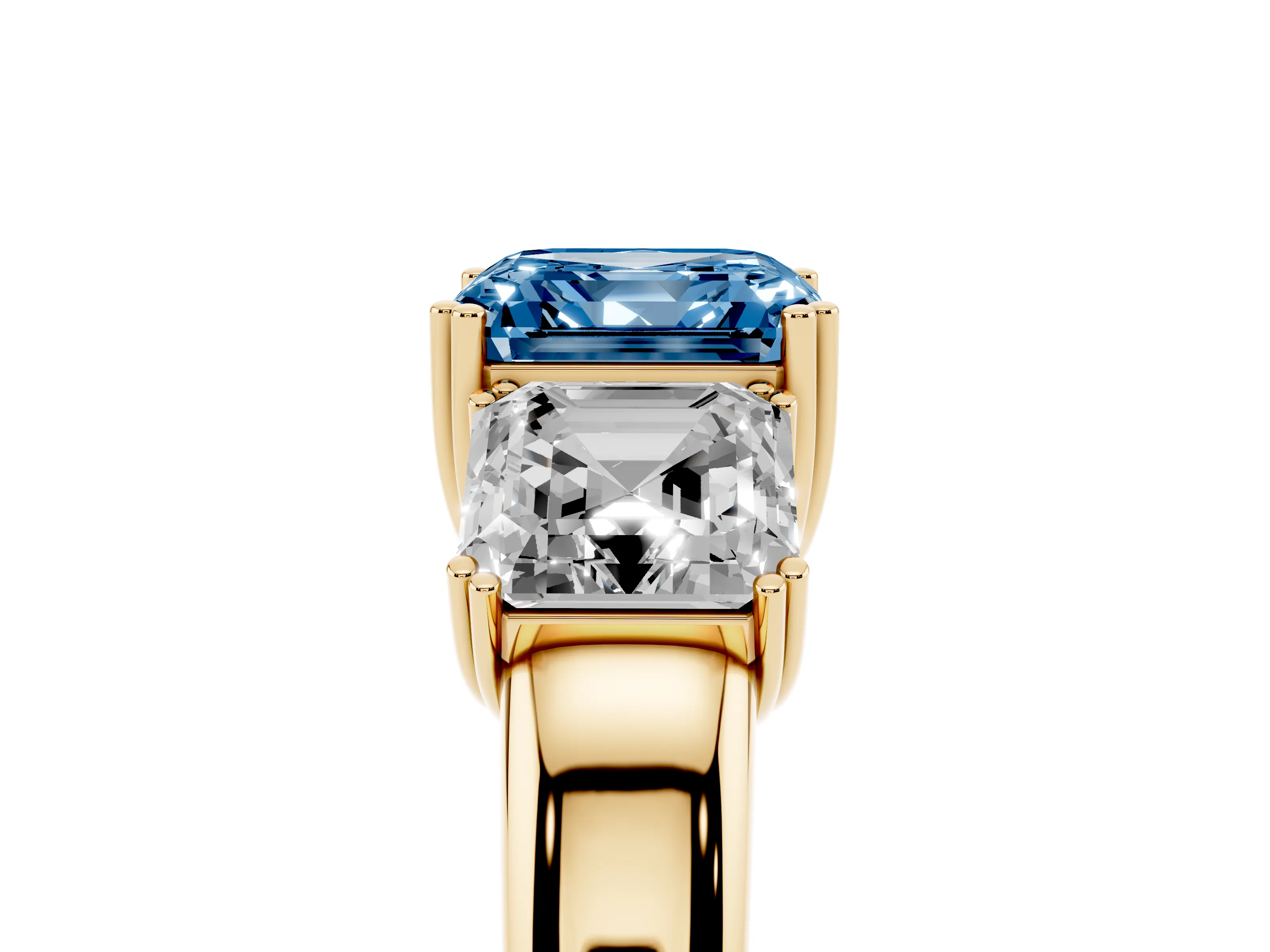 Fancy Blue Asscher Cut Diamond Three-Stone Ring Set in Yellow gold with Polished Band and Prong Setting