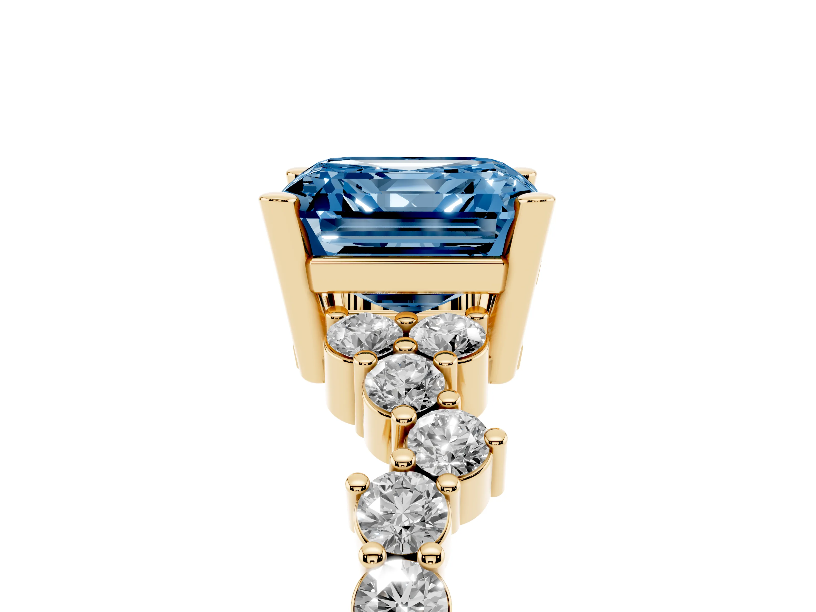 Fancy Blue Asscher Cut Diamond Ring Set in Yellow gold with Scattered Round Accents