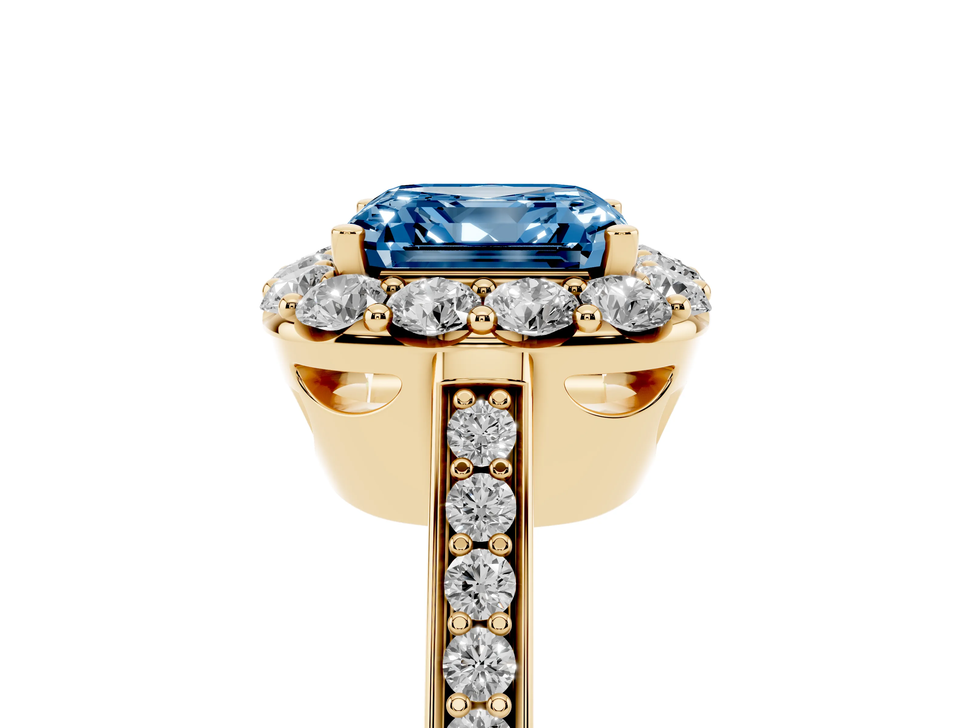 Fancy Blue Asscher Cut Diamond Floral Halo Ring Set in Yellow gold with Pavé Band and Prong Setting