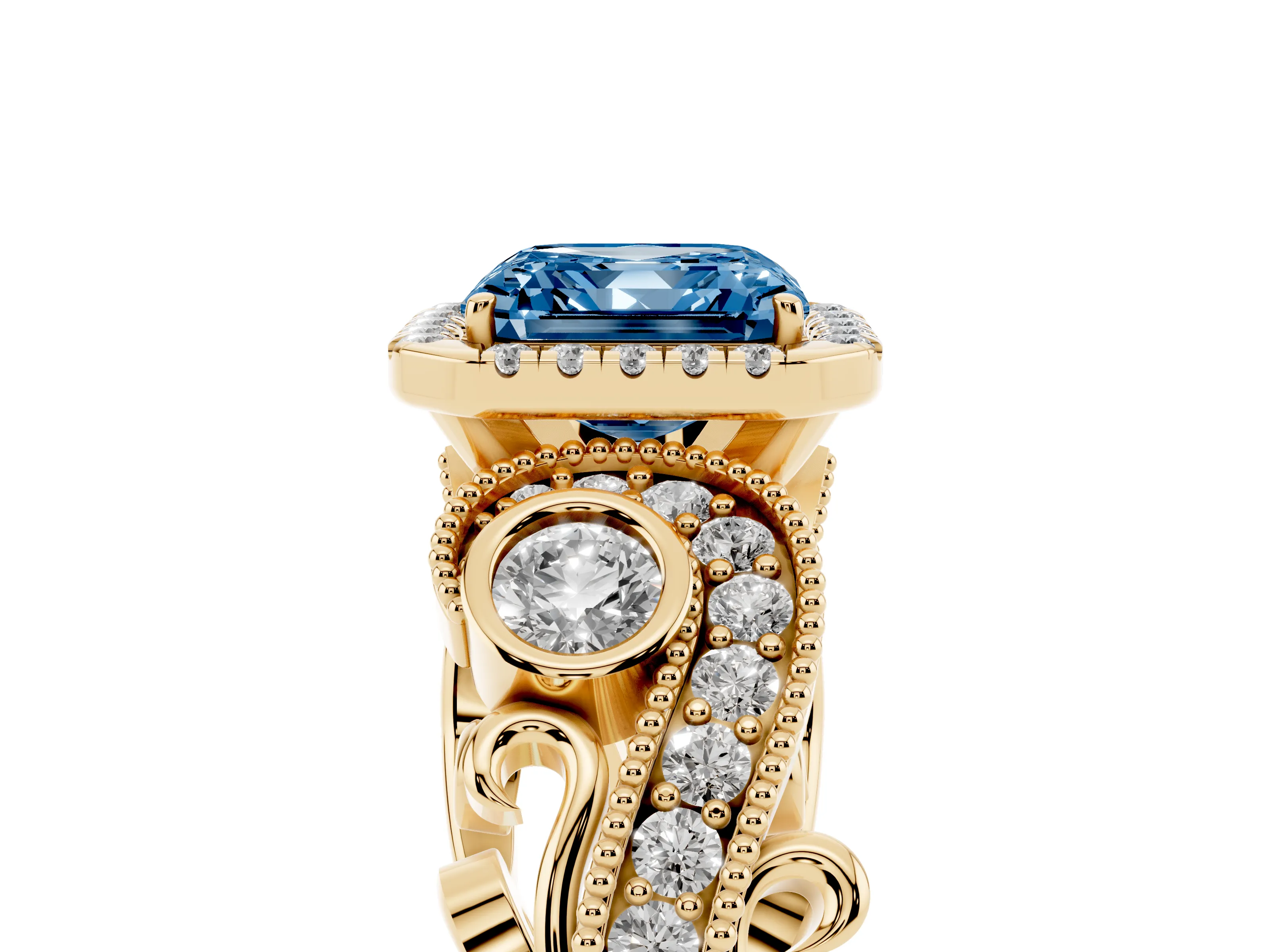 Fancy Blue Asscher Cut Diamond Halo Ring Set in Yellow gold with Milgrain Pavé Band and Prong Setting