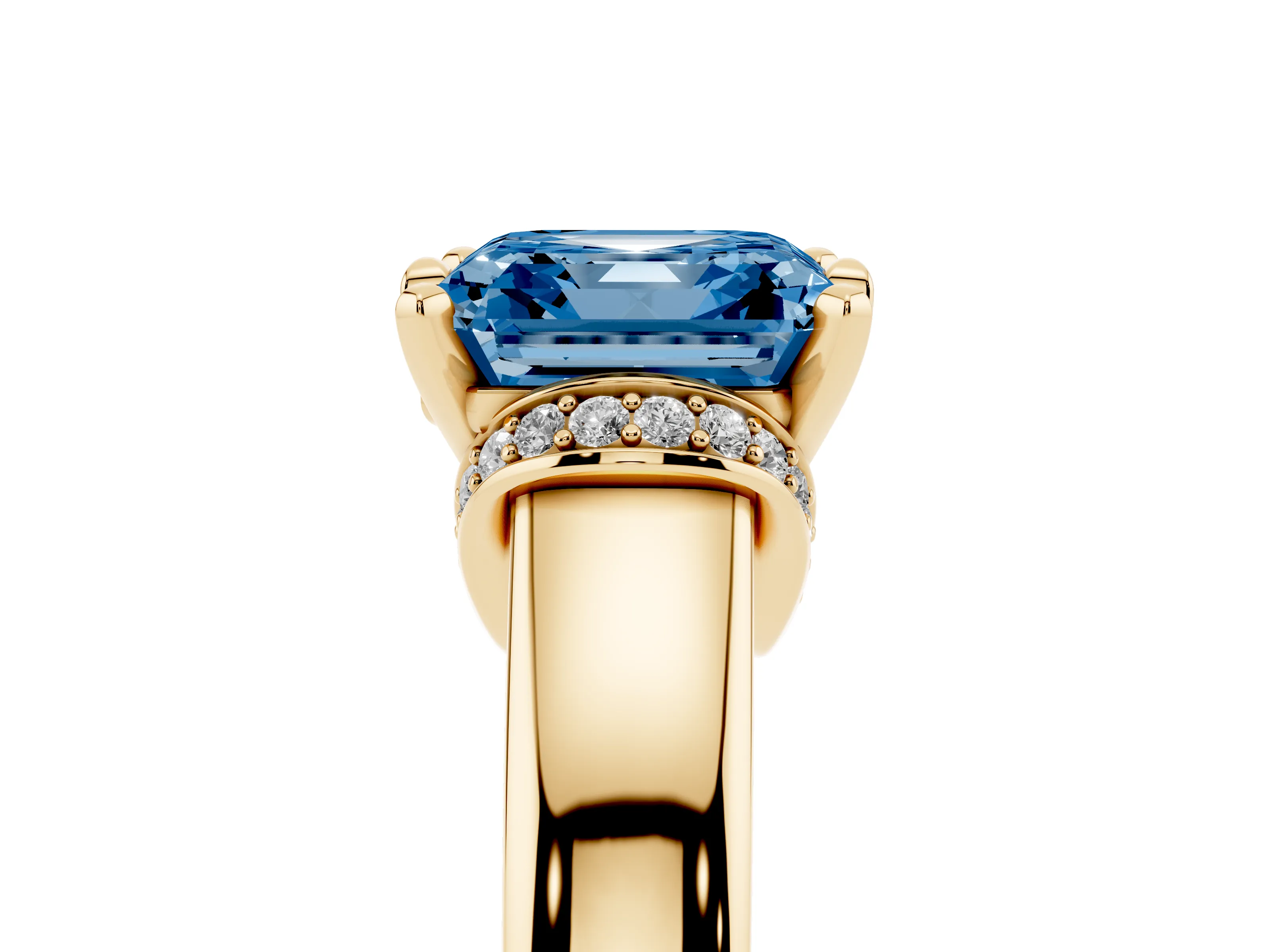 Fancy Blue Asscher Cut Diamond Pavé Band Solitaire Ring Set in Yellow gold with Prong Setting