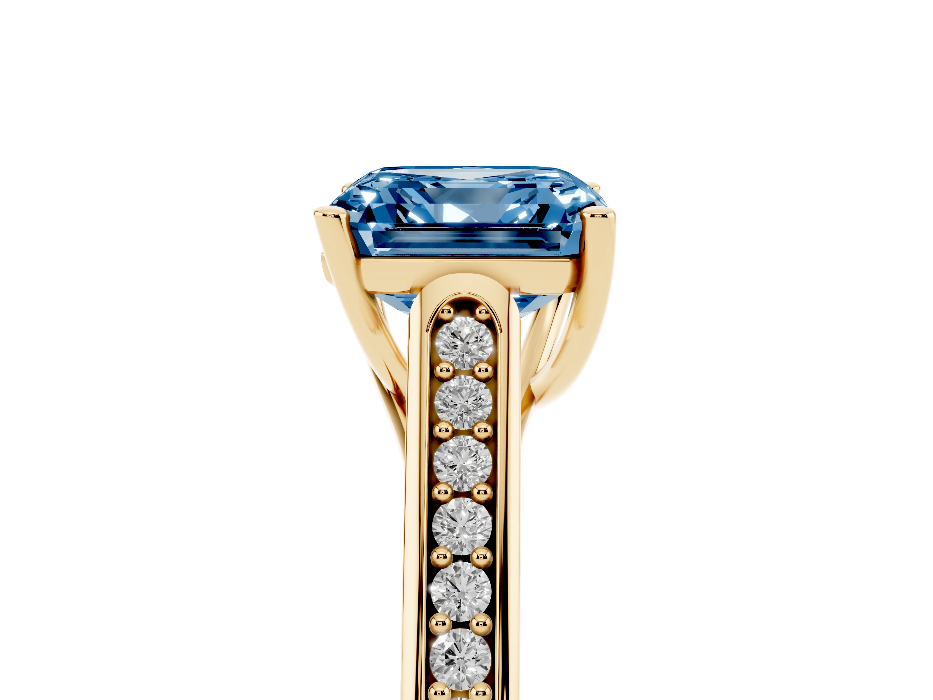 Fancy Blue Asscher Cut Diamond Solitaire Cathedral Engagement Ring Set in Yellow gold with Channel-Set Band and Prong Setting