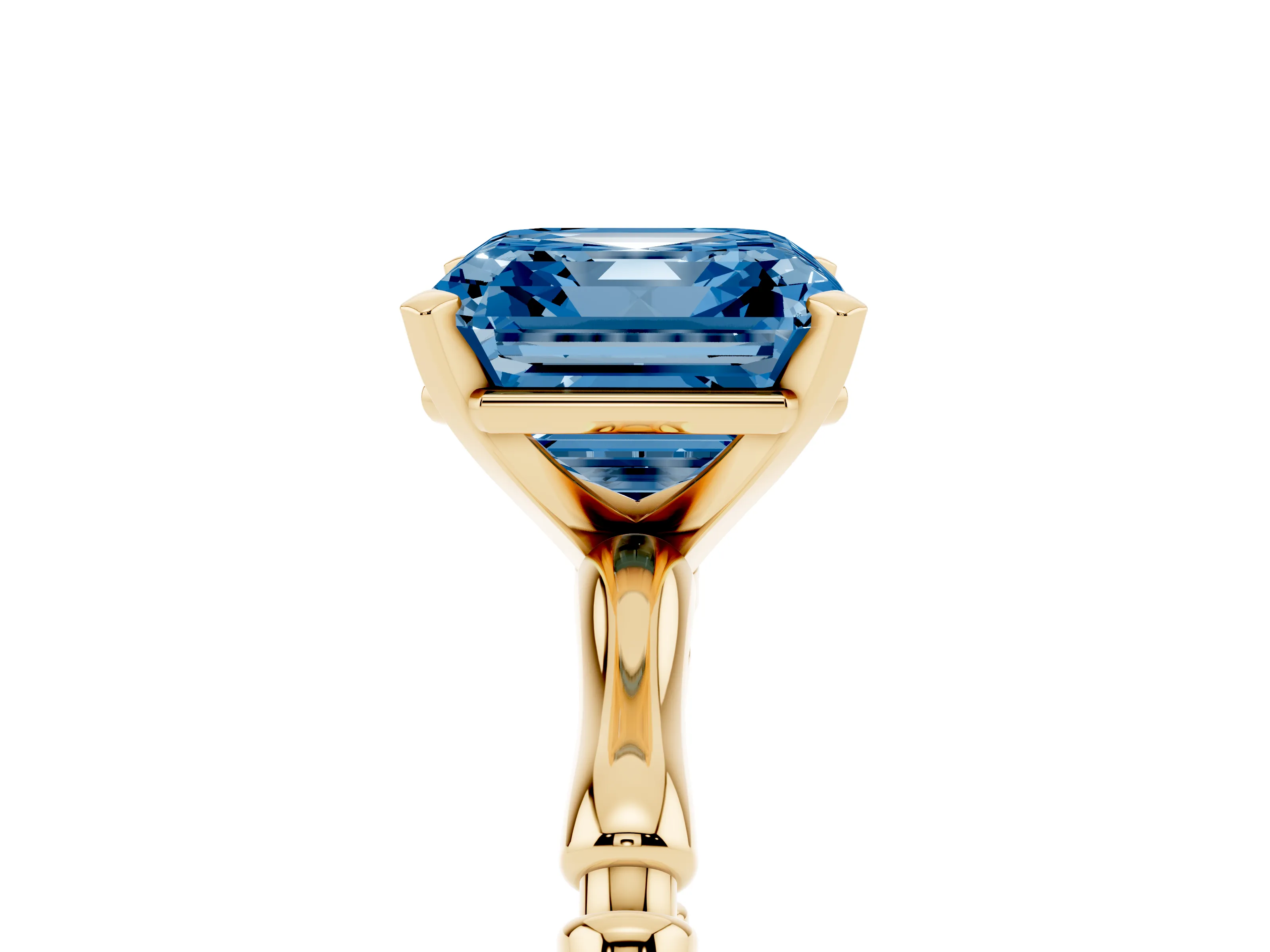 Fancy Blue Asscher Cut Diamond Solitaire Ring Set in Yellow gold with Bamboo Band and Prong Setting