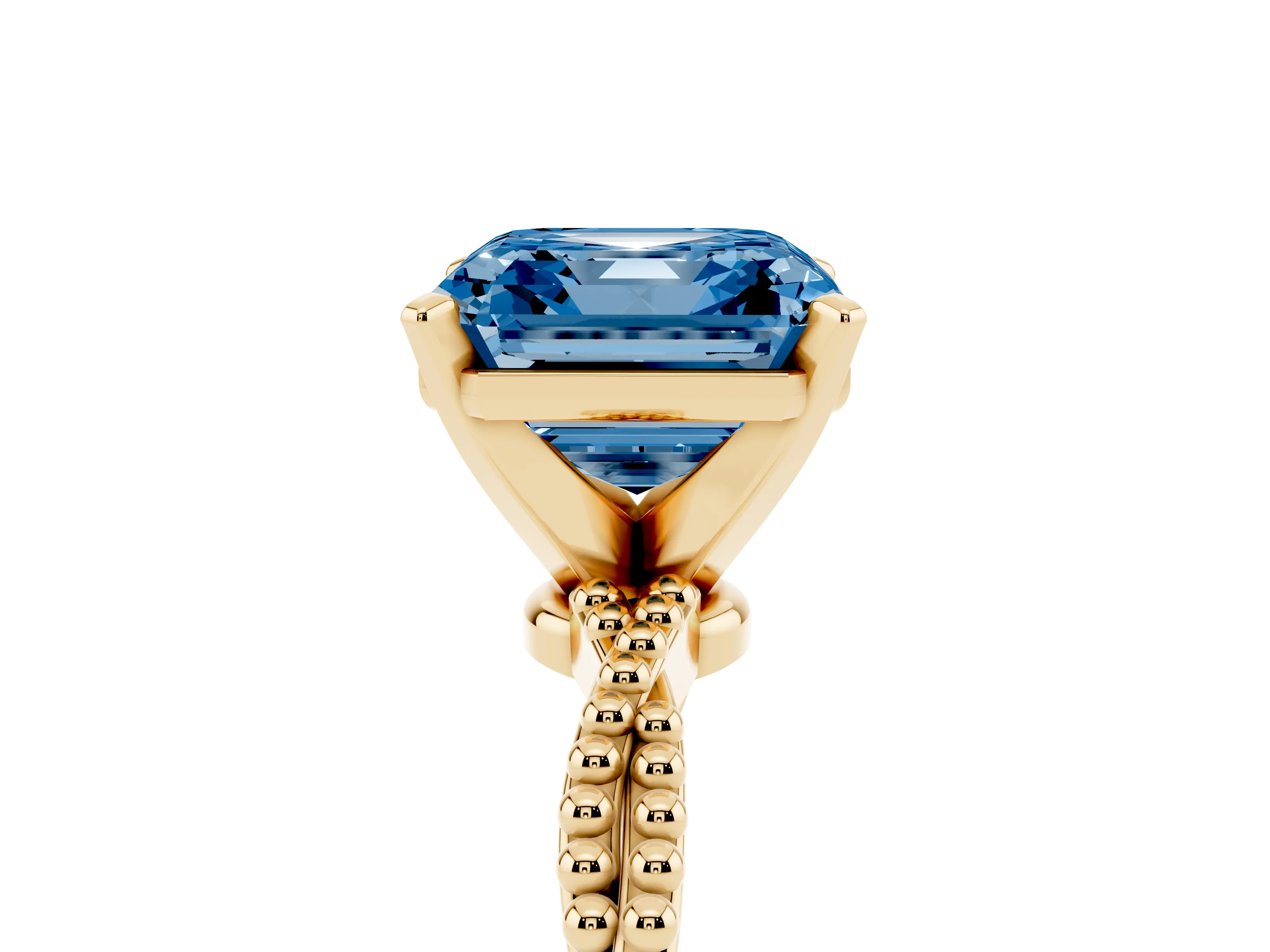 Fancy Blue Asscher Cut Diamond Solitaire Ring Set in Yellow gold with Twisted Band and Bead Prong Setting