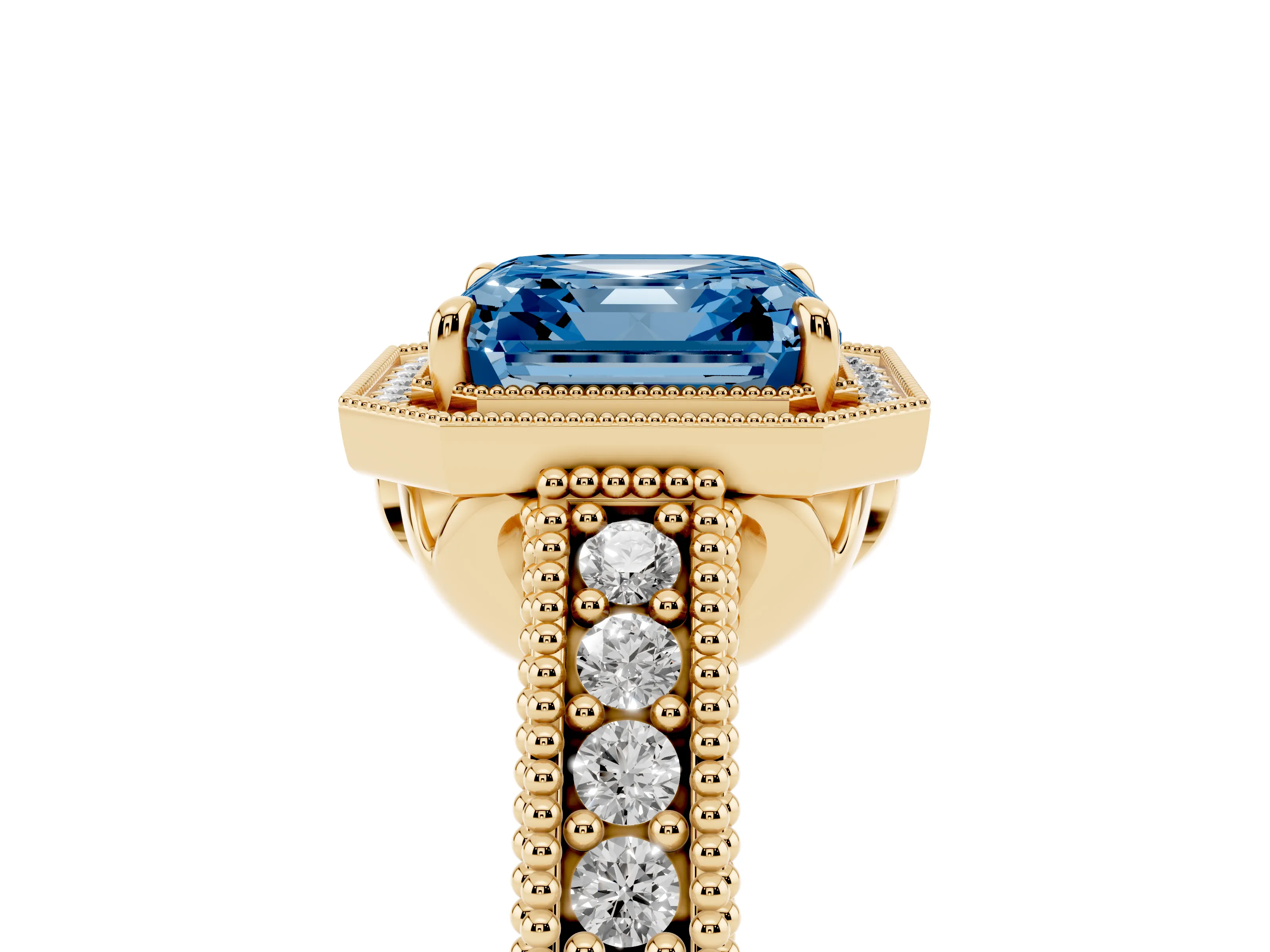 Fancy Blue Asscher Cut Diamond Halo Ring Set in Yellow gold with Round Accent Halo, Pavé Band and Prong Setting