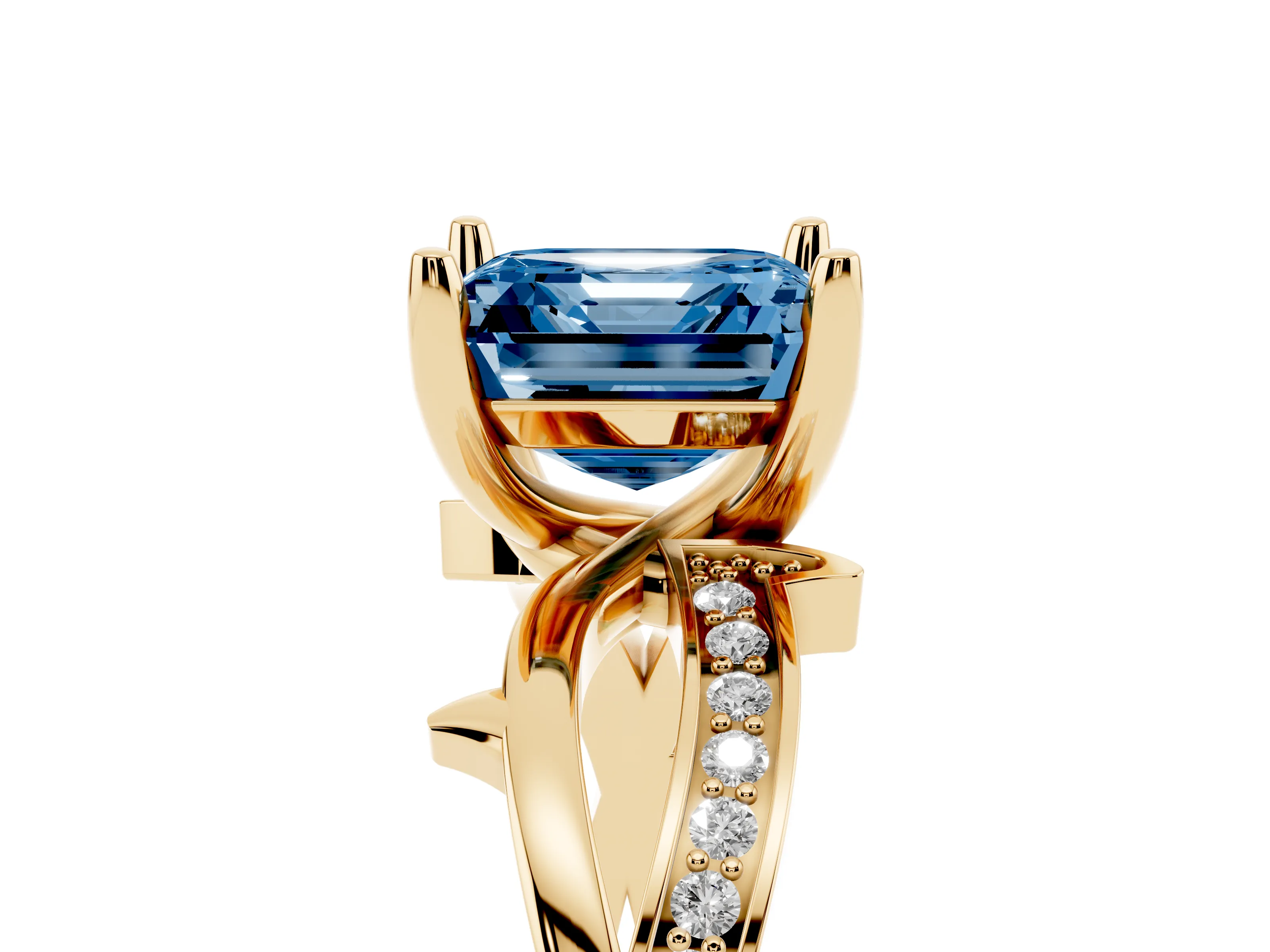 Fancy Blue Asscher Cut Diamond Pavé Twist Band Solitaire Ring Set in Yellow gold with Prong Setting