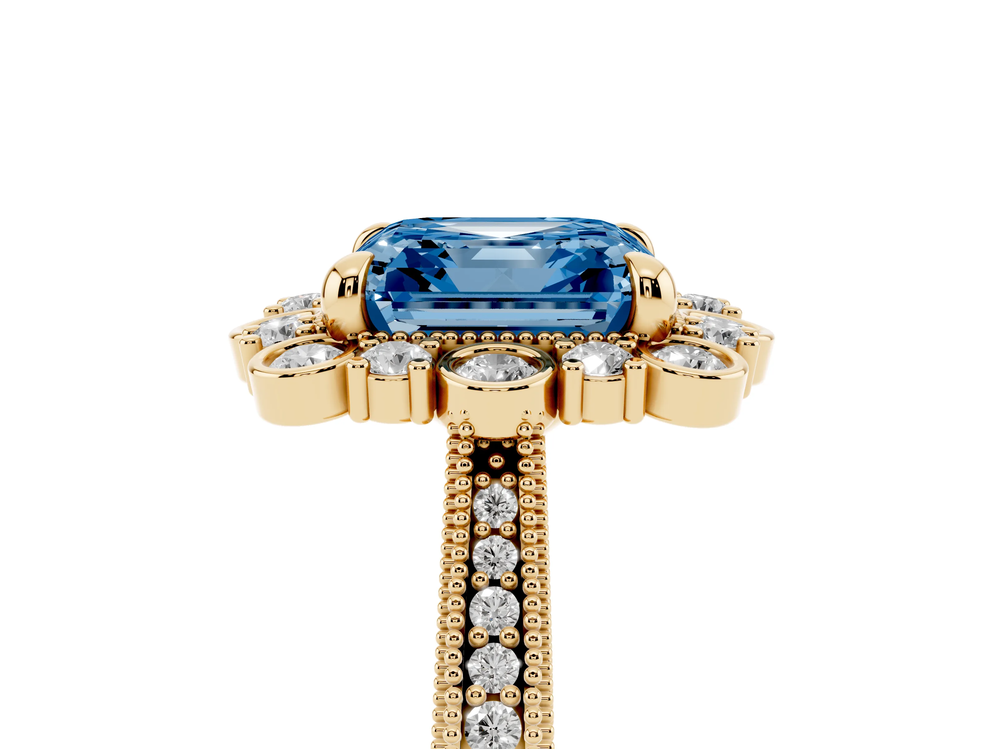 Fancy Blue Asscher Cut Diamond Halo Milgrain Pavé Ring Set in Yellow gold with Prong Setting