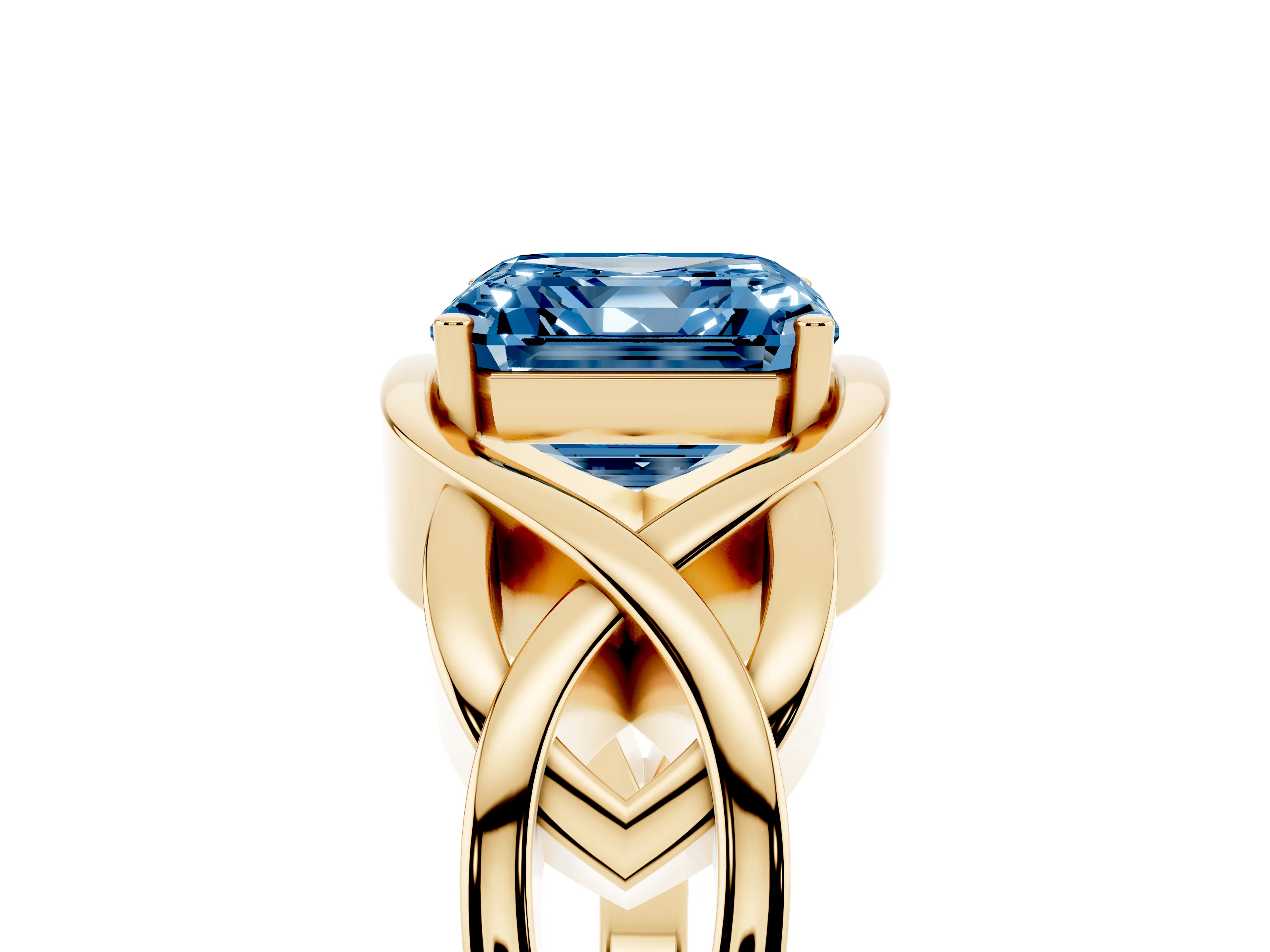 Fancy Blue Asscher Cut Diamond Solitaire Ring Set in Yellow gold with Intertwined Band