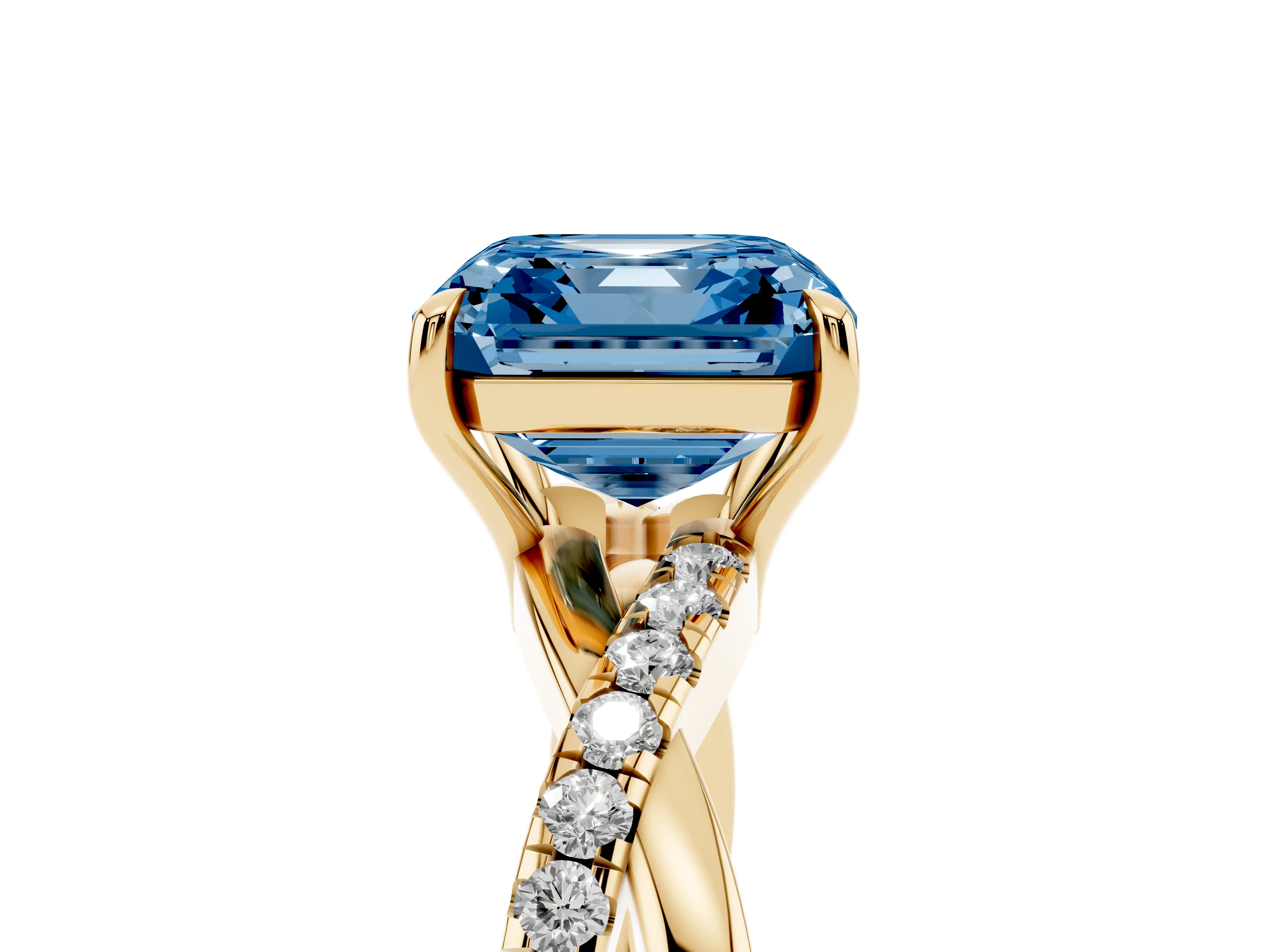 Fancy Blue Asscher Cut Diamond Twisted Pavé Band Ring Set in Yellow gold with Prong Setting
