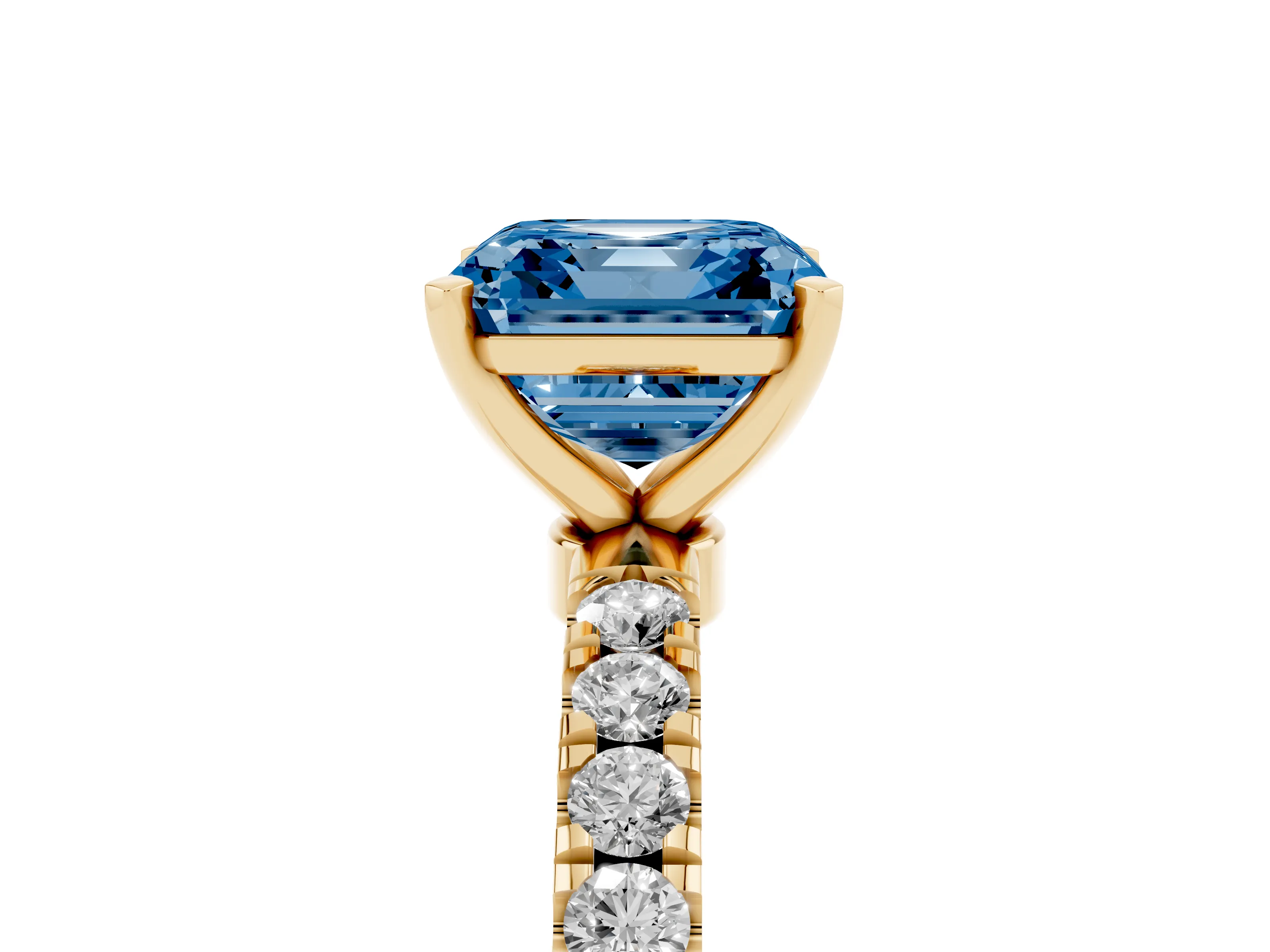 Fancy Blue Asscher Cut Diamond Solitaire Ring Set in Yellow gold with Pavé Accents and Prong Setting