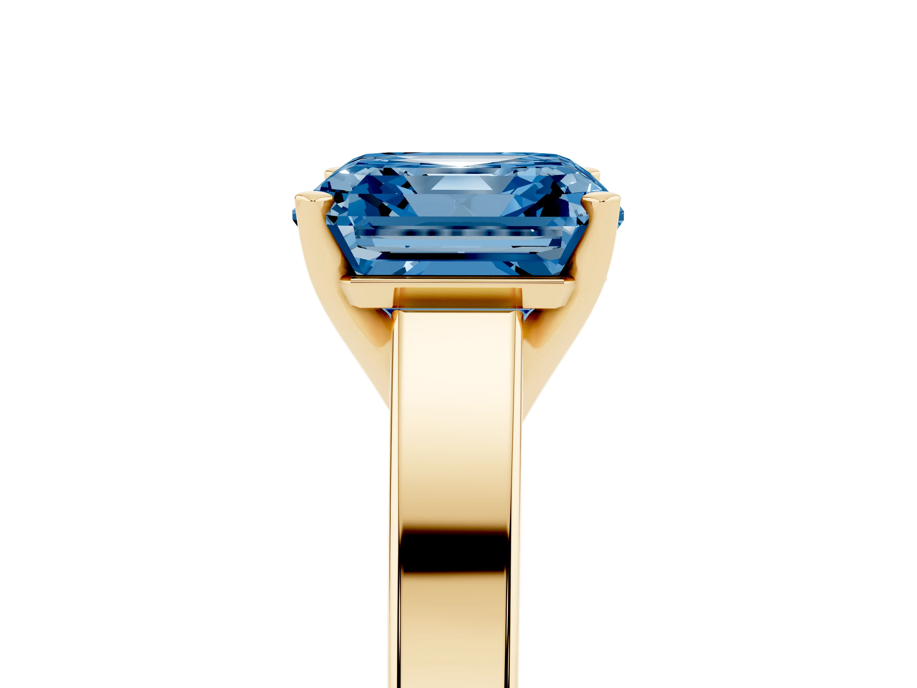 Fancy Blue Asscher Cut Diamond Solitaire Engagement Ring Set in Yellow gold with Prong Setting and Tapered Band