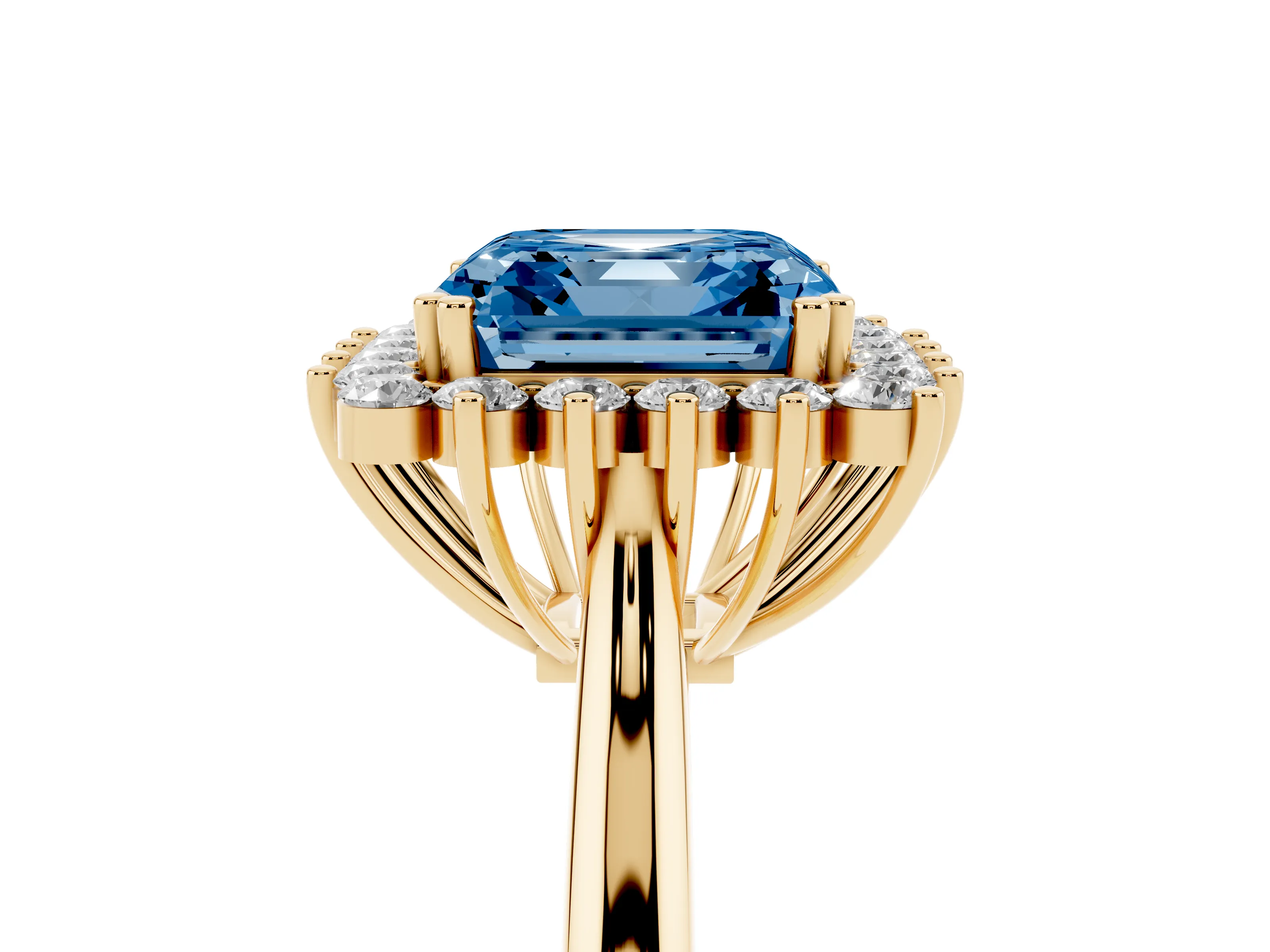 Fancy Blue Asscher Cut Diamond Halo Ring Set in Yellow gold with Plain Solitaire Band and Prong Setting