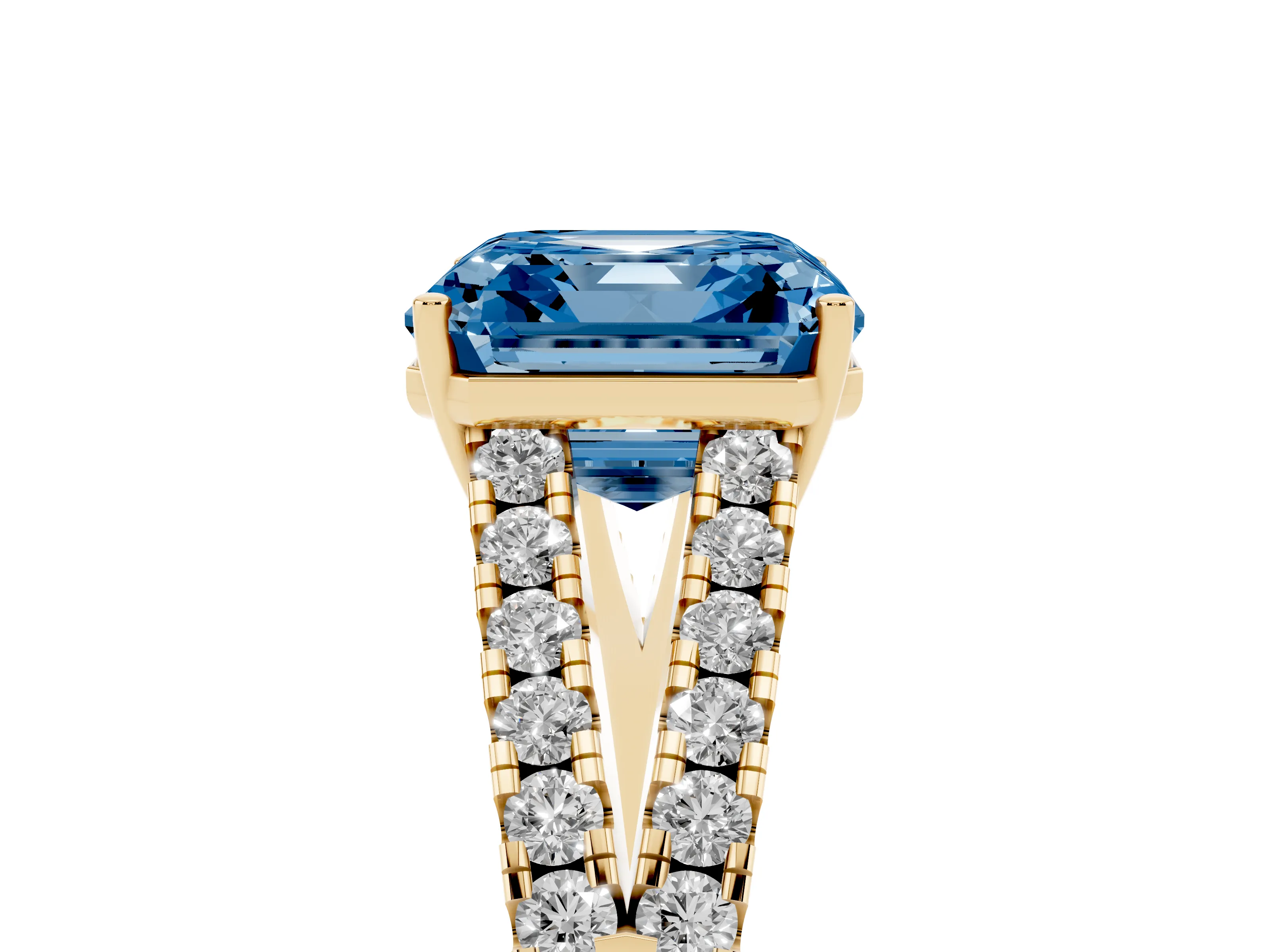 Fancy Blue Asscher Cut Diamond Split Shank Engagement Ring Set in Yellow gold with Round Pavé and Prong Setting